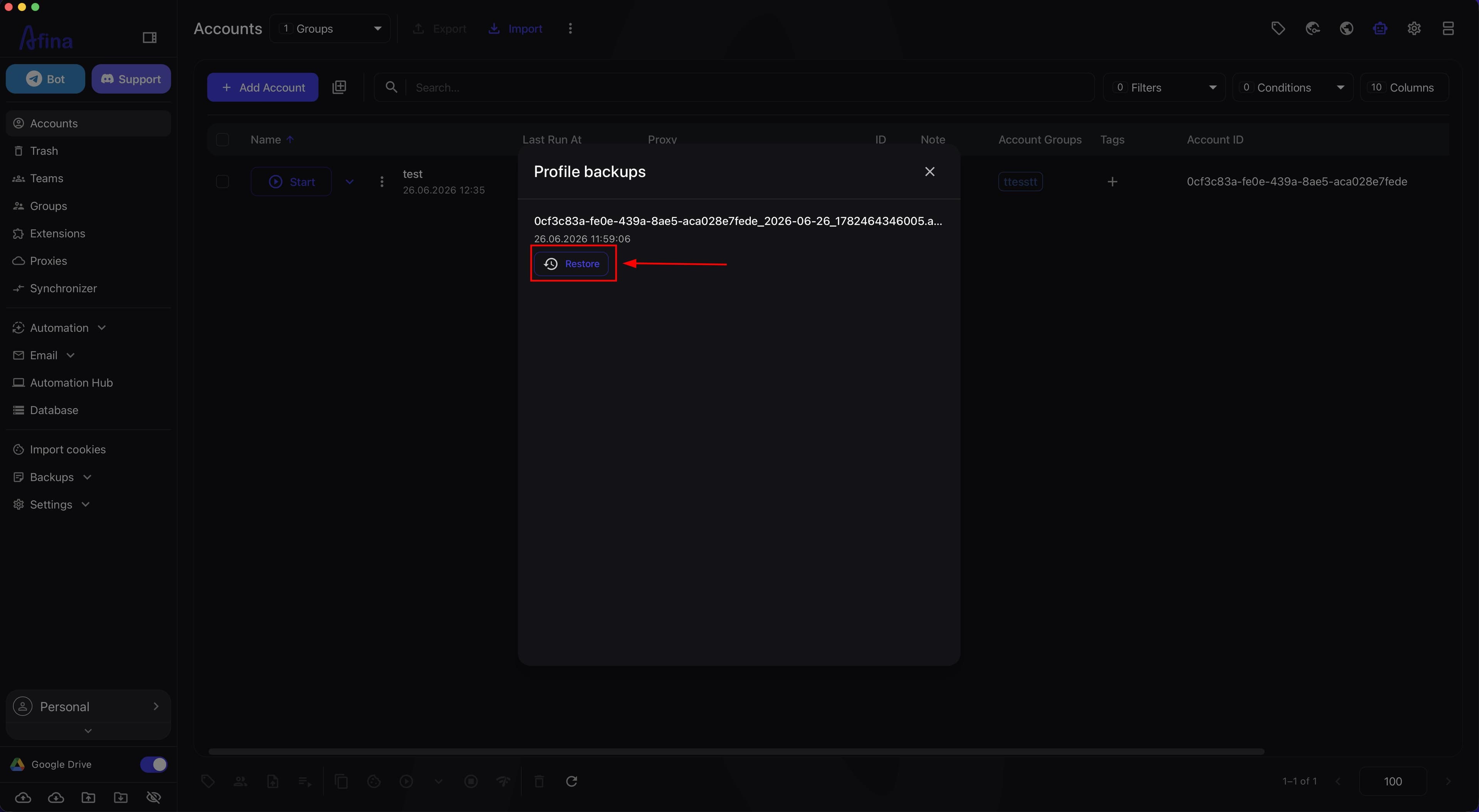 Profile backups window with the list of available versions
