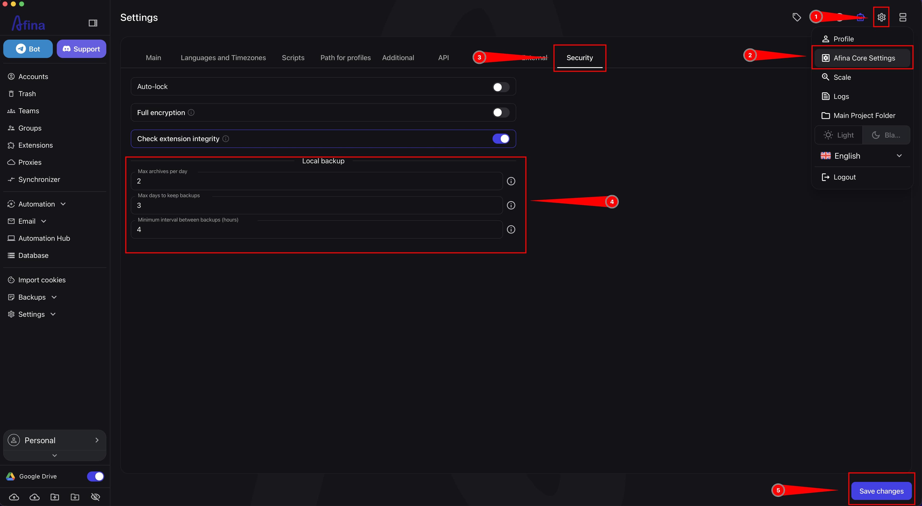 Local backup settings and the Save changes button
