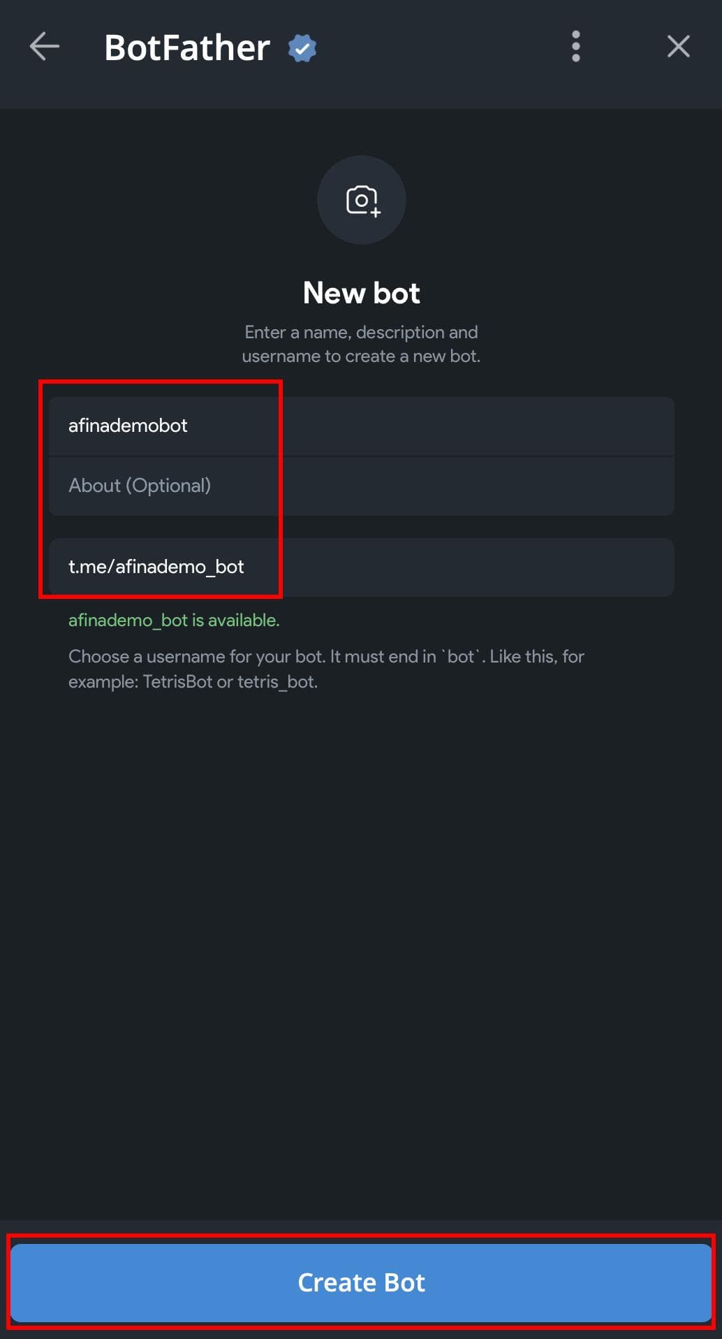 New bot form with name, description, and username fields