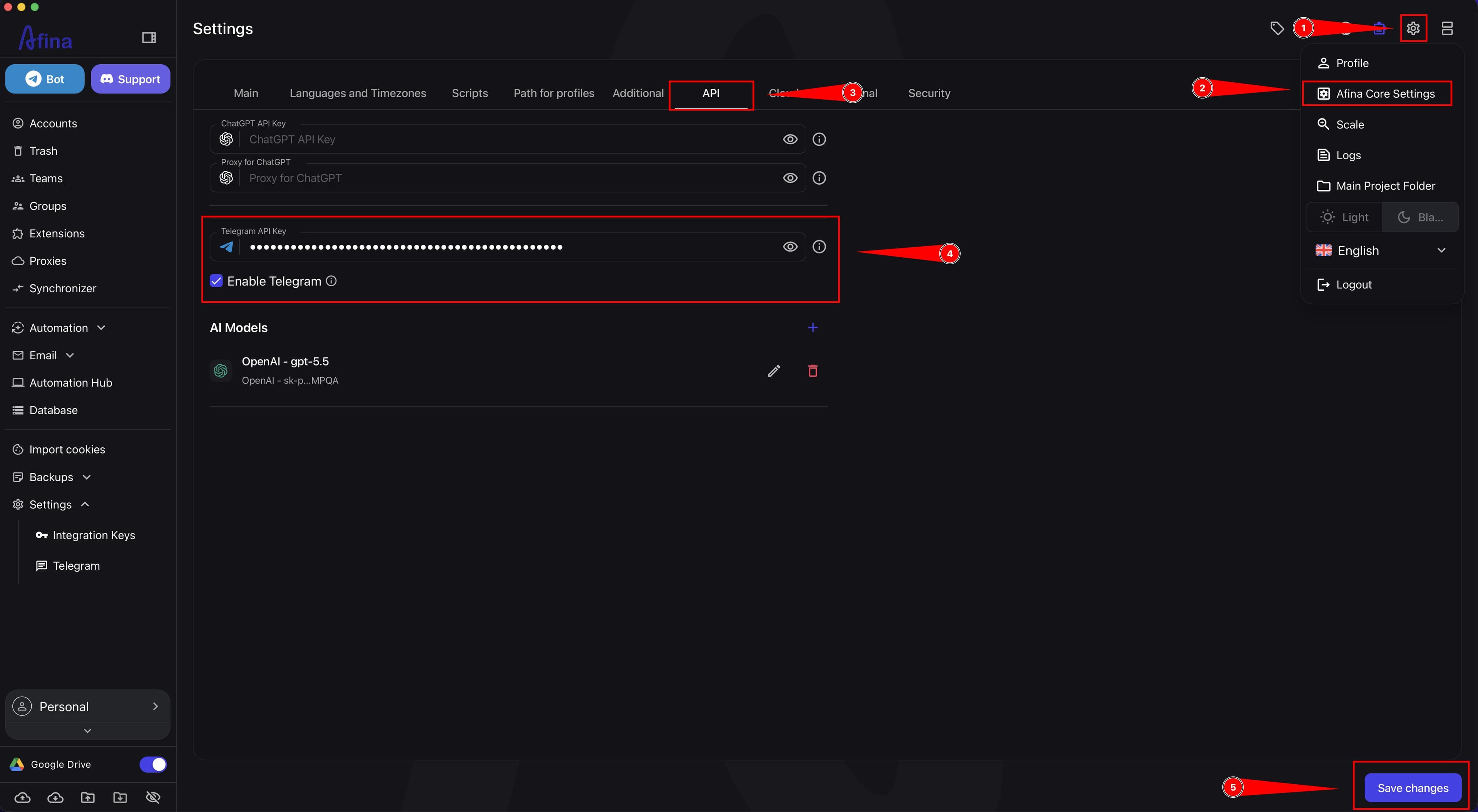 Afina Core Settings with the API tab open and Telegram settings