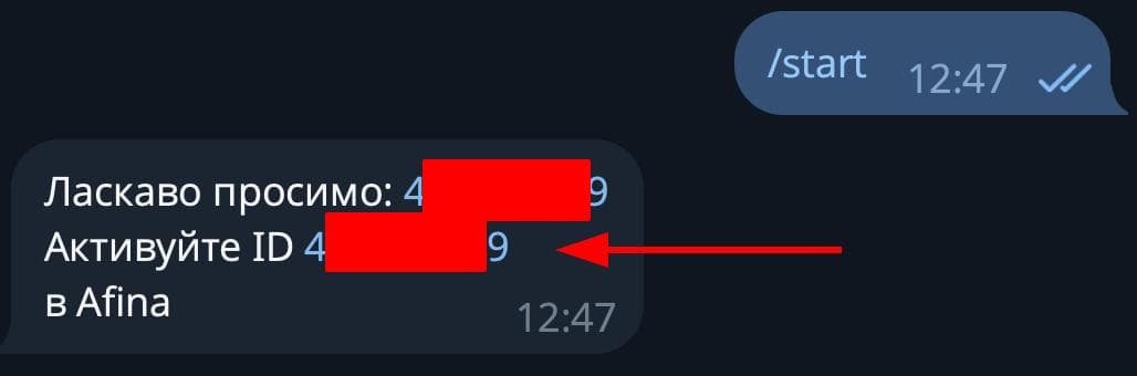 Bot message with the chat ID