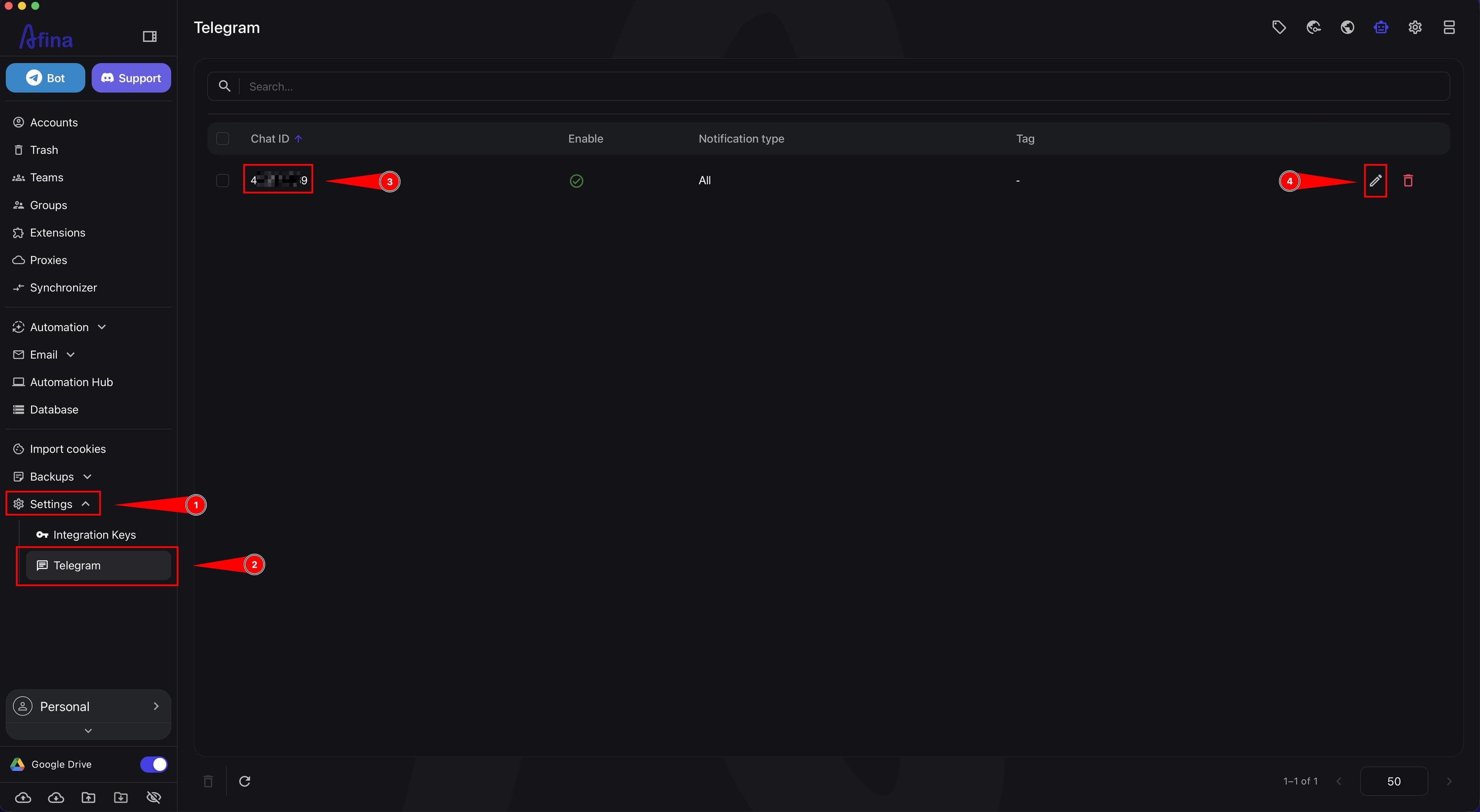 Telegram section in Afina with the chat ID and edit icon