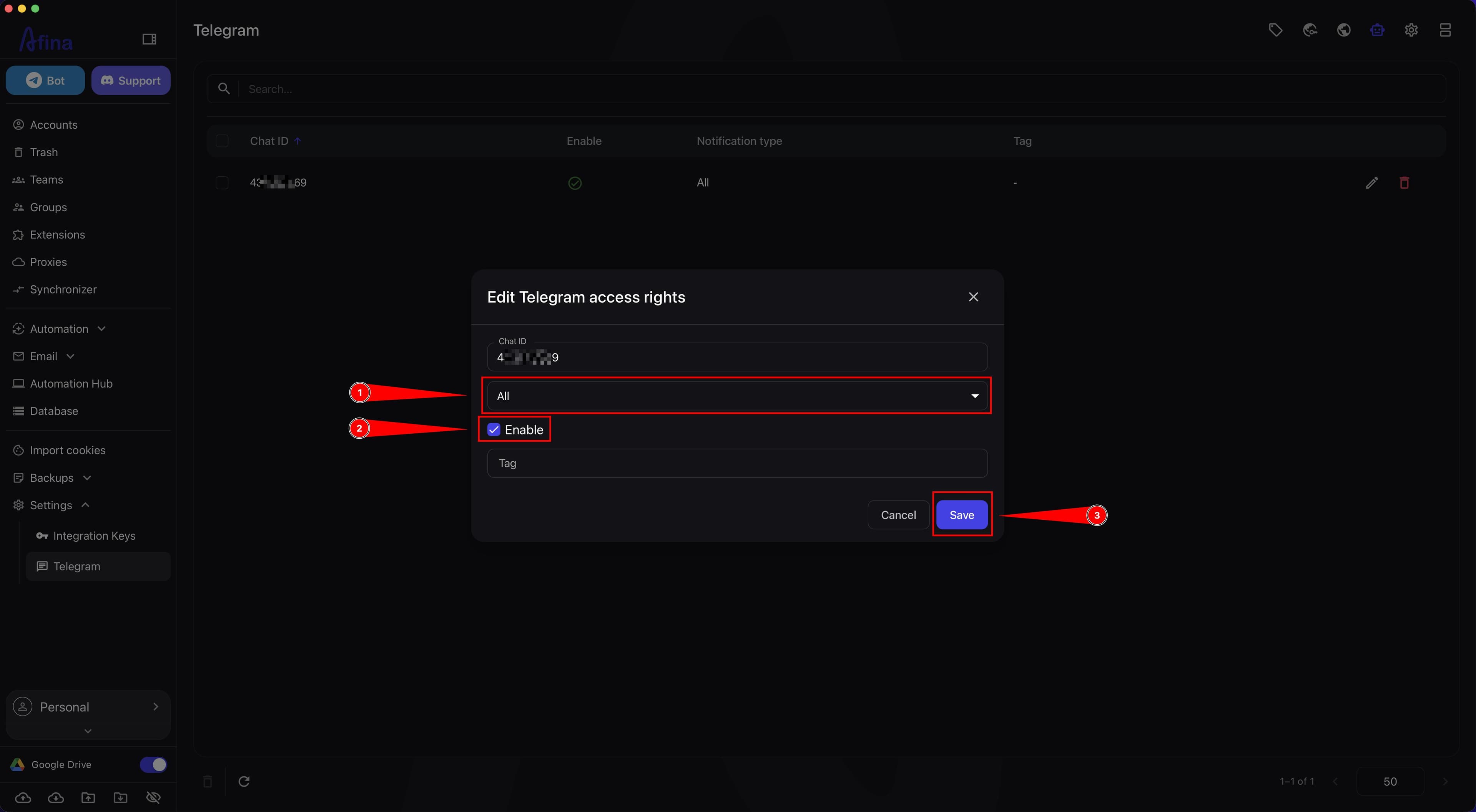 Edit Telegram access rights window with notification type and Save button