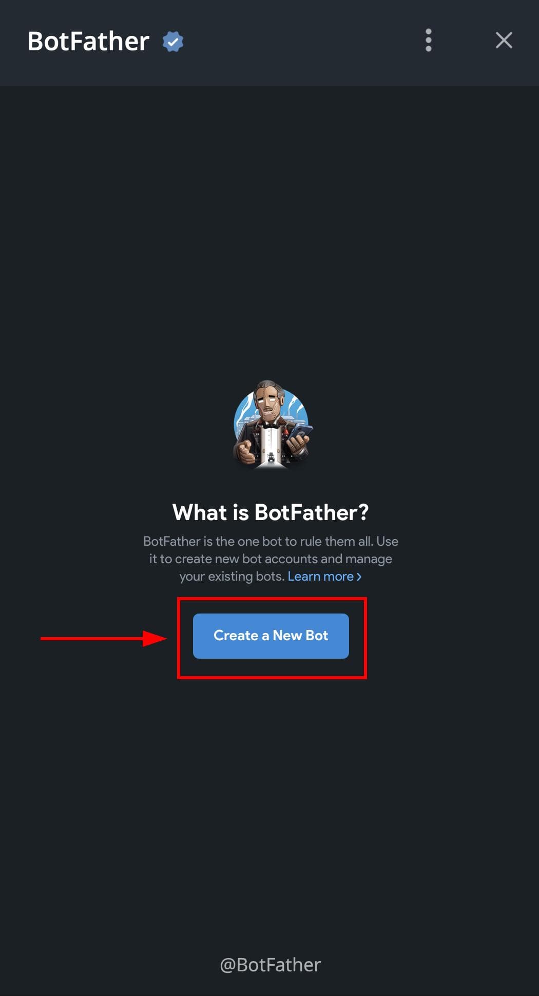 Чат BotFather с кнопкой Create a New Bot