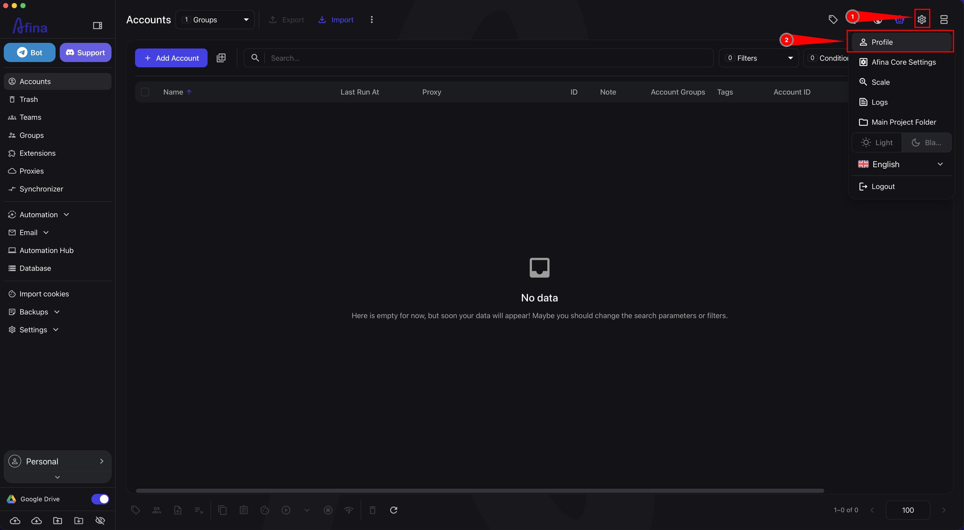 Profile menu with the Profile item