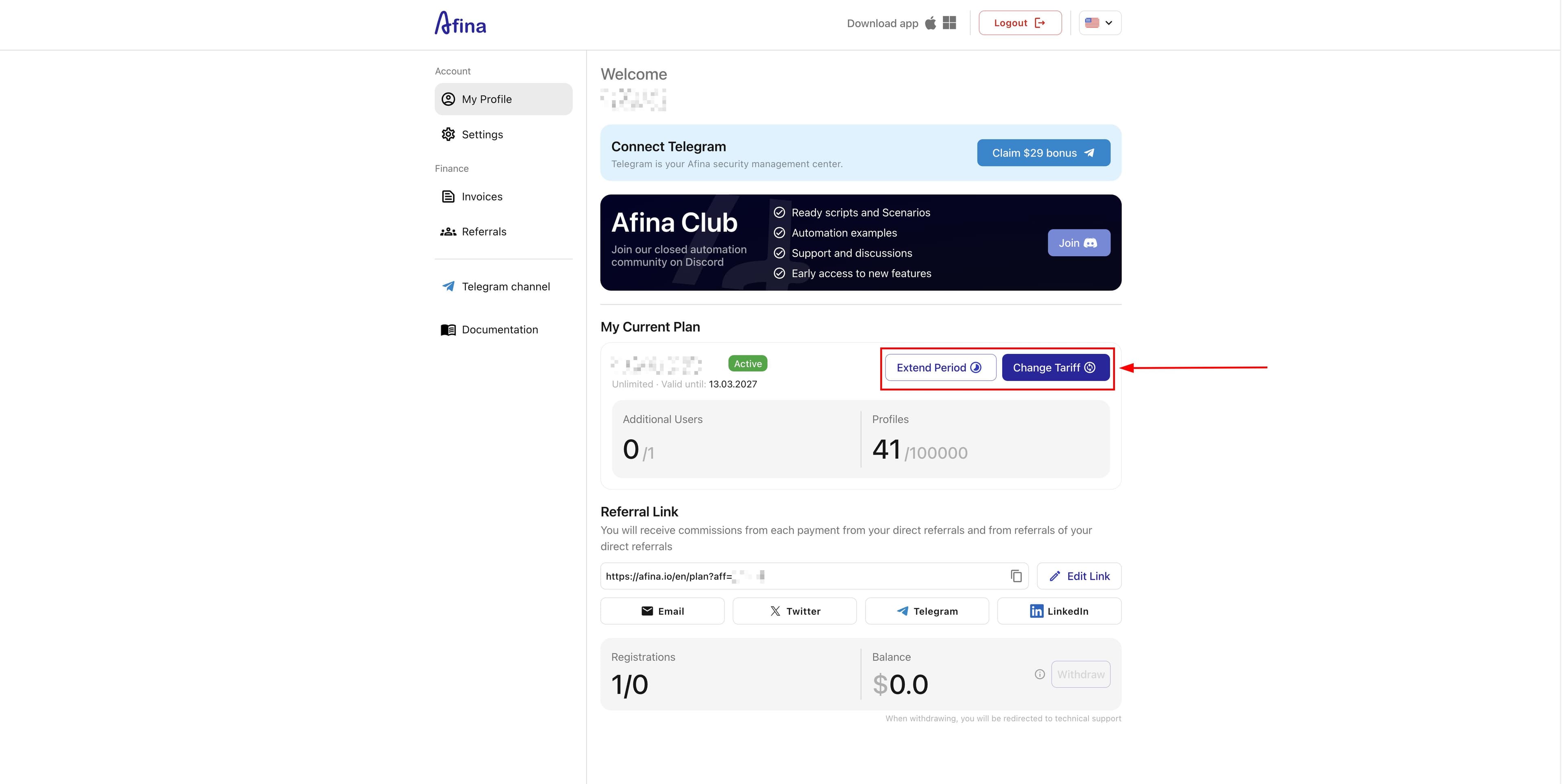 Profile with the Renew and Enhance subscription buttons
