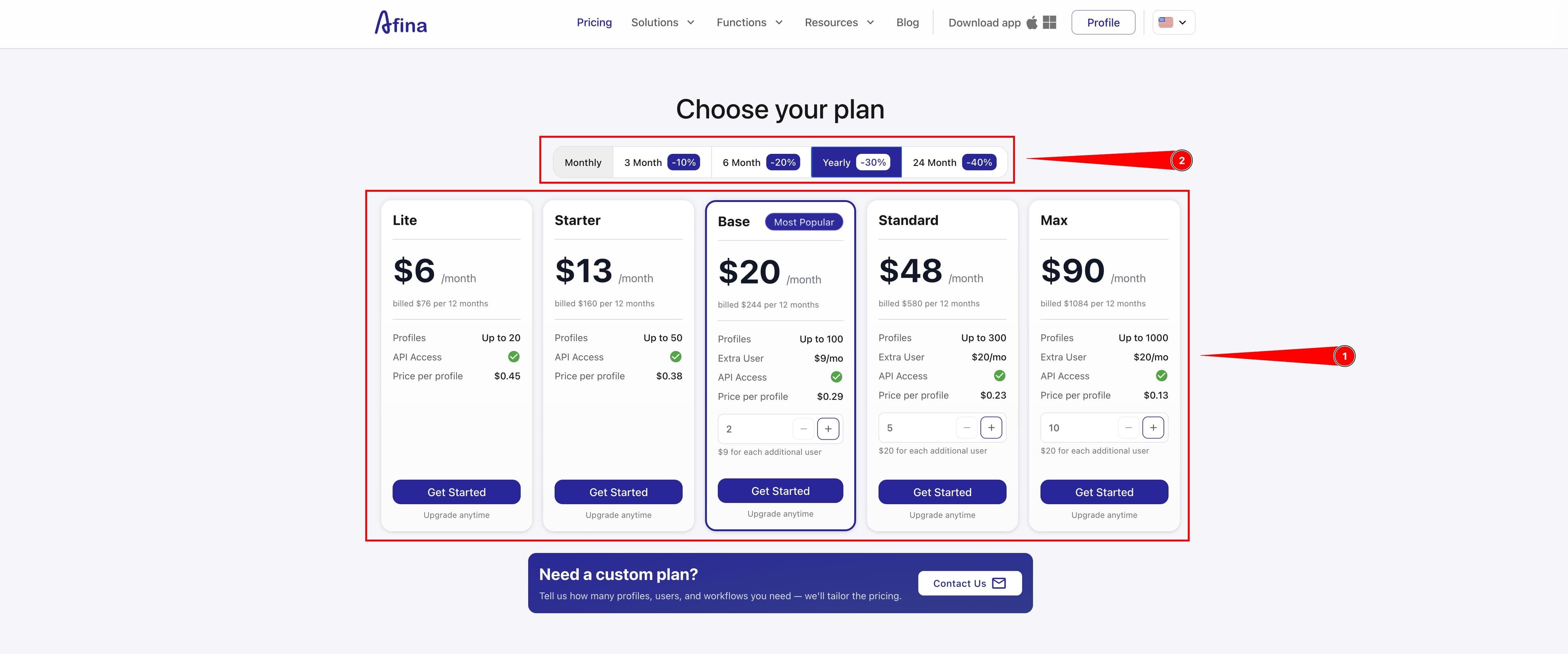 Plans page with subscription period selection
