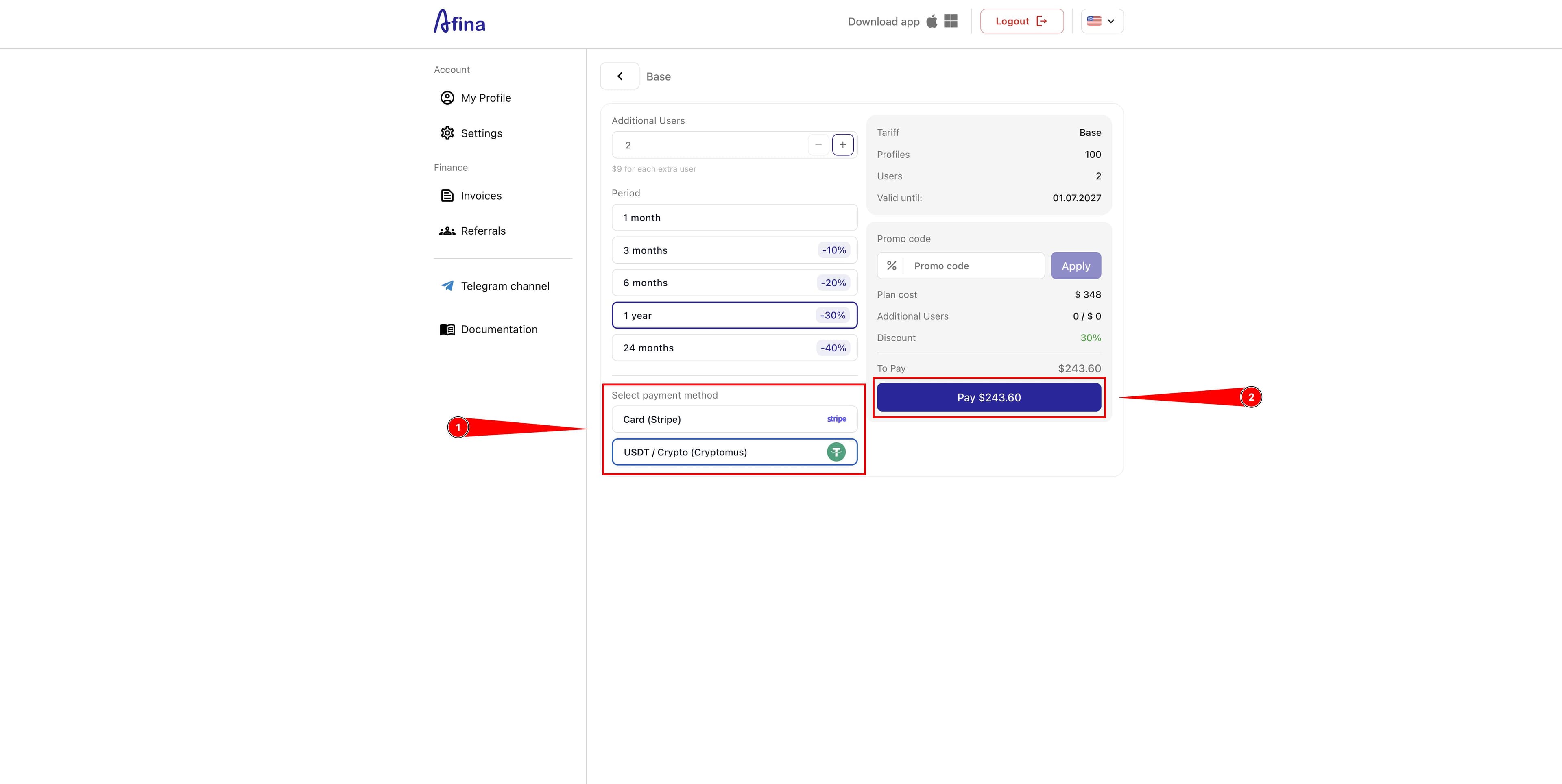 Plan checkout page with payment methods and the Pay button