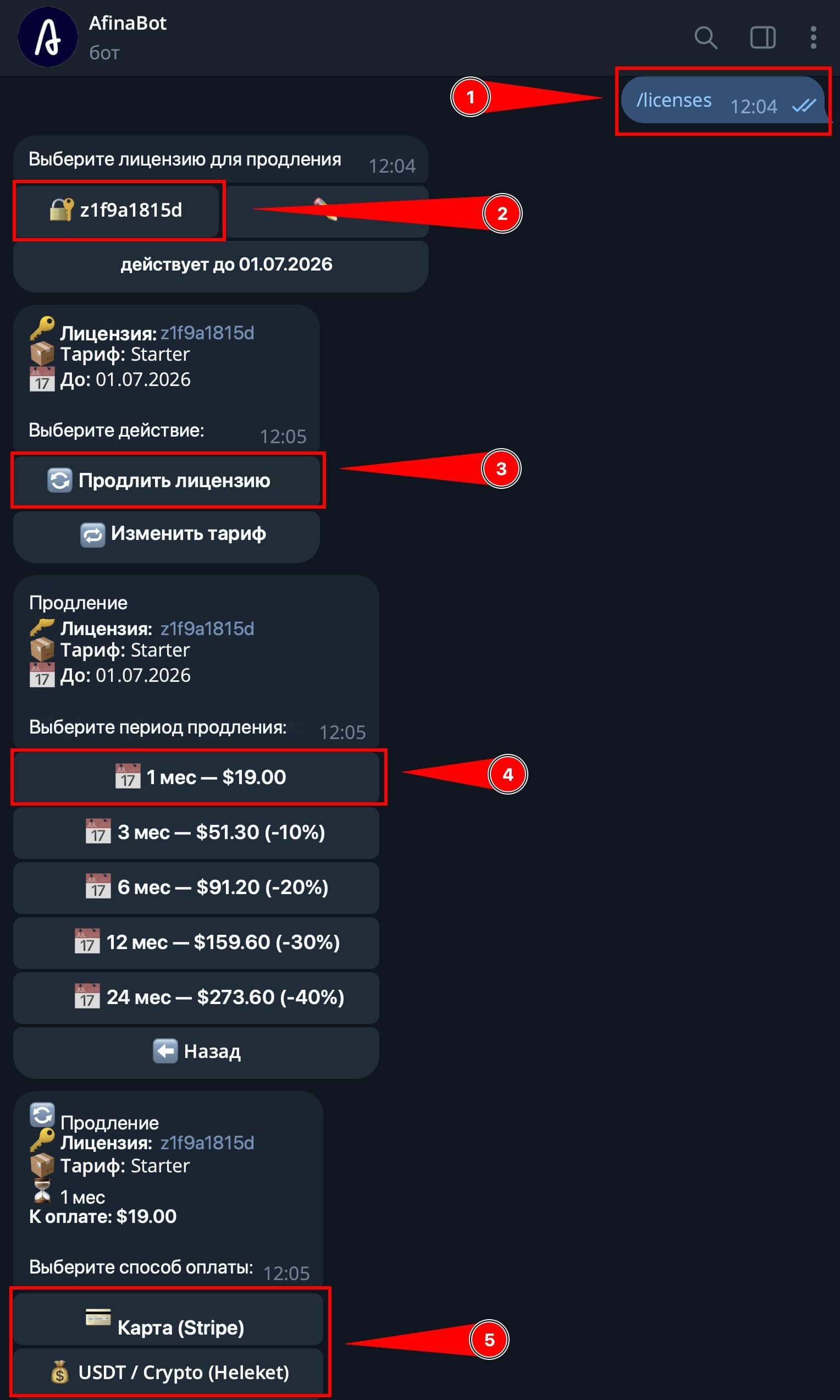 Диалог в Telegram-боте с выбором тарифа и оплатой