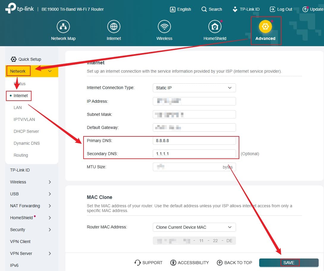 TP-Link: поля Primary DNS и Secondary DNS