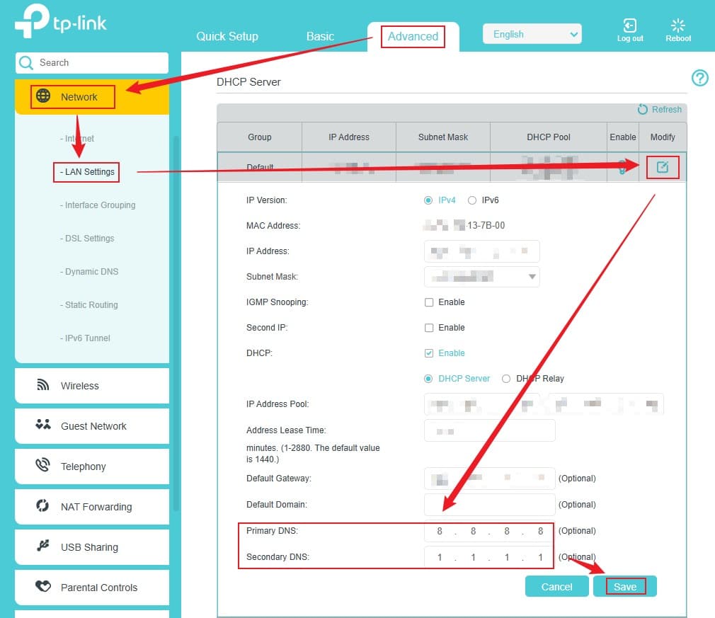 TP-Link: сохранение настроек DNS