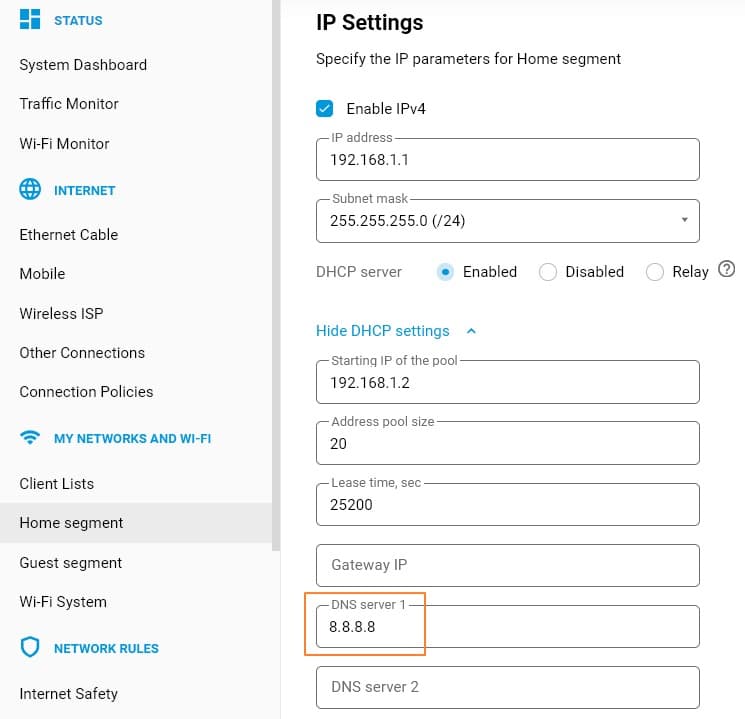 Keenetic: DNS server 1 в Home segment
