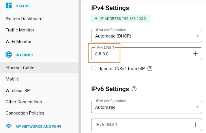 Keenetic: IPv4 DNS 1 в Ethernet Cable