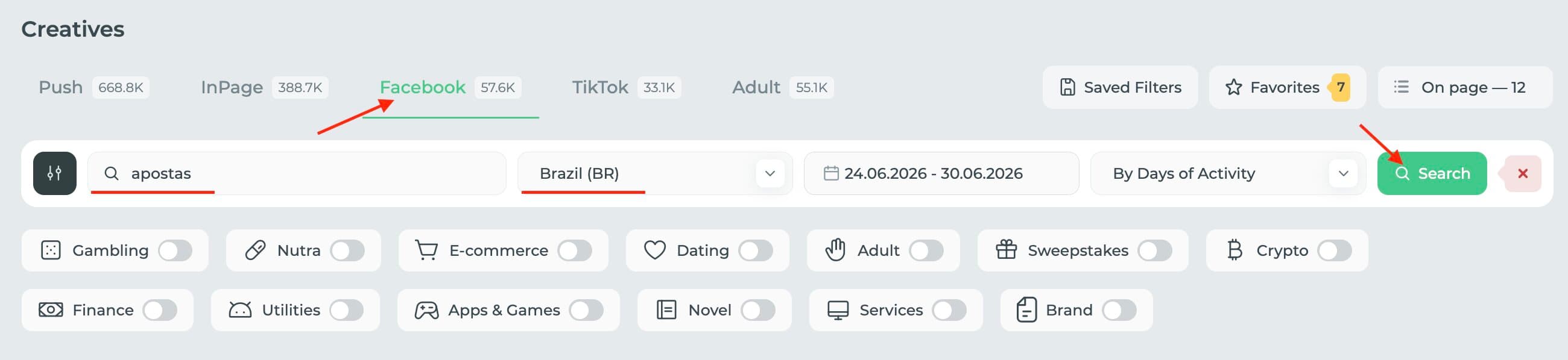 Setting Spy.House filters to search creatives by keyword and GEO