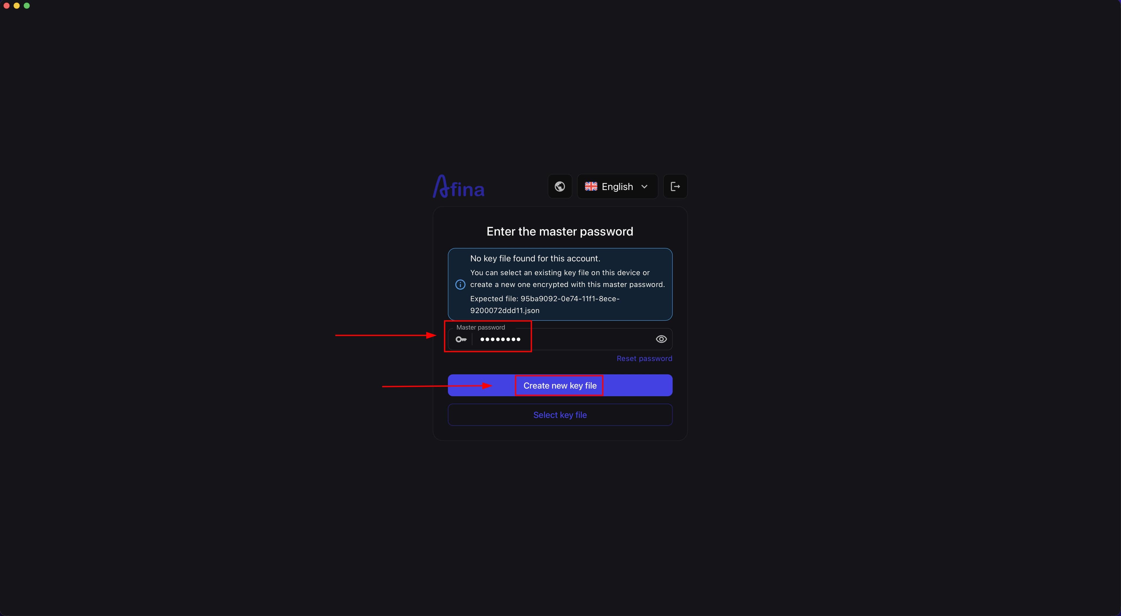 Afina first launch and key file creation