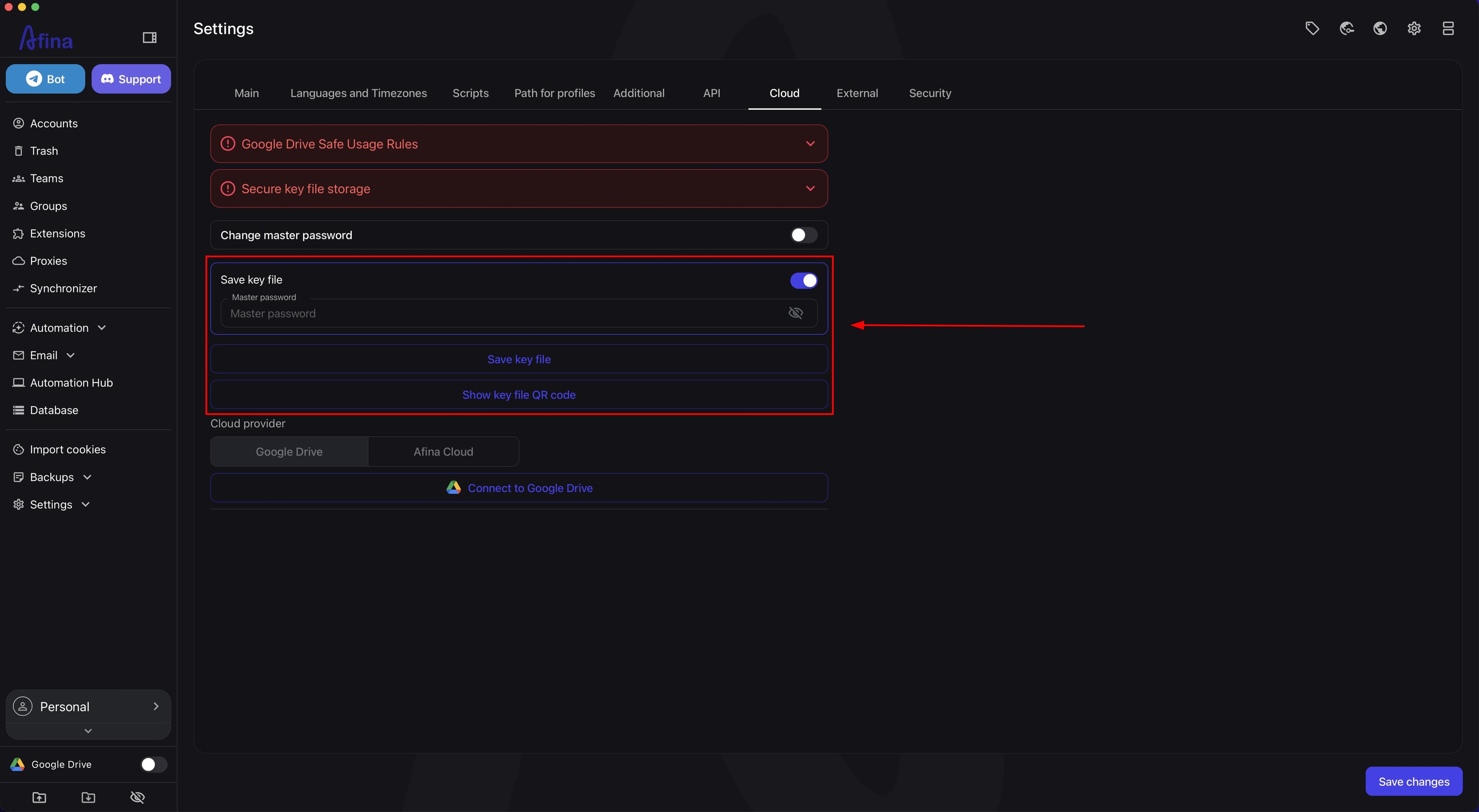 Actions for saving the key file and opening the QR code