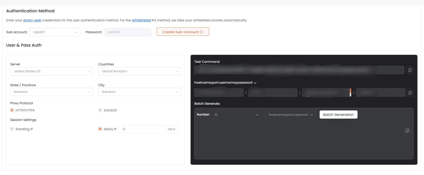 Настройки аутентификации и сессии RapidProxy для подключения к Afina