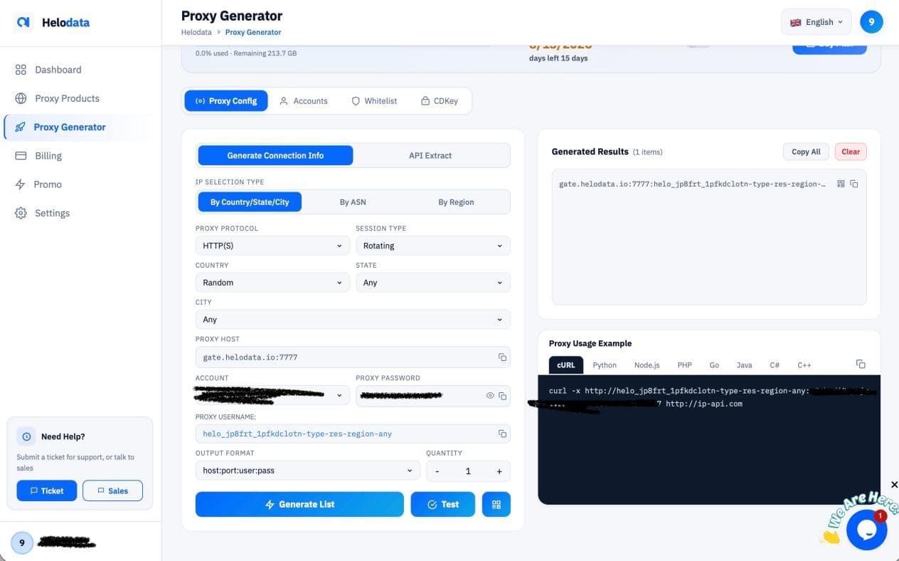 Proxy Generator Helodata с настройками местоположения, протокола и сессии