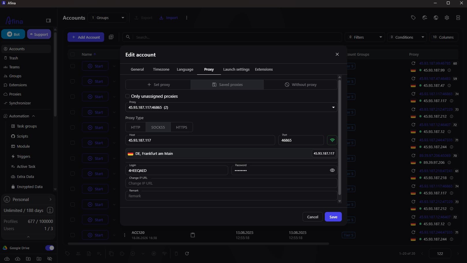 Призначення резидентного проксі KindProxy у профілі Afina