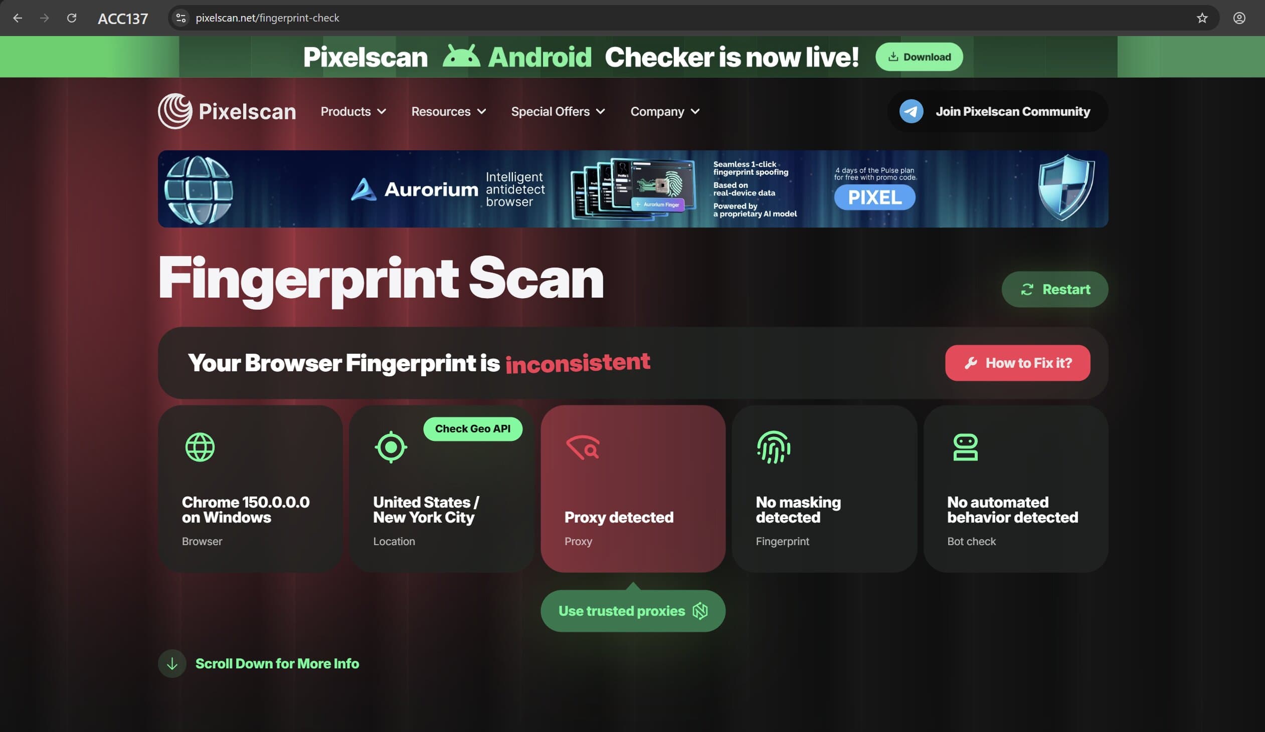 Результат перевірки профілю Afina на Pixelscan без виявленого маскування fingerprint