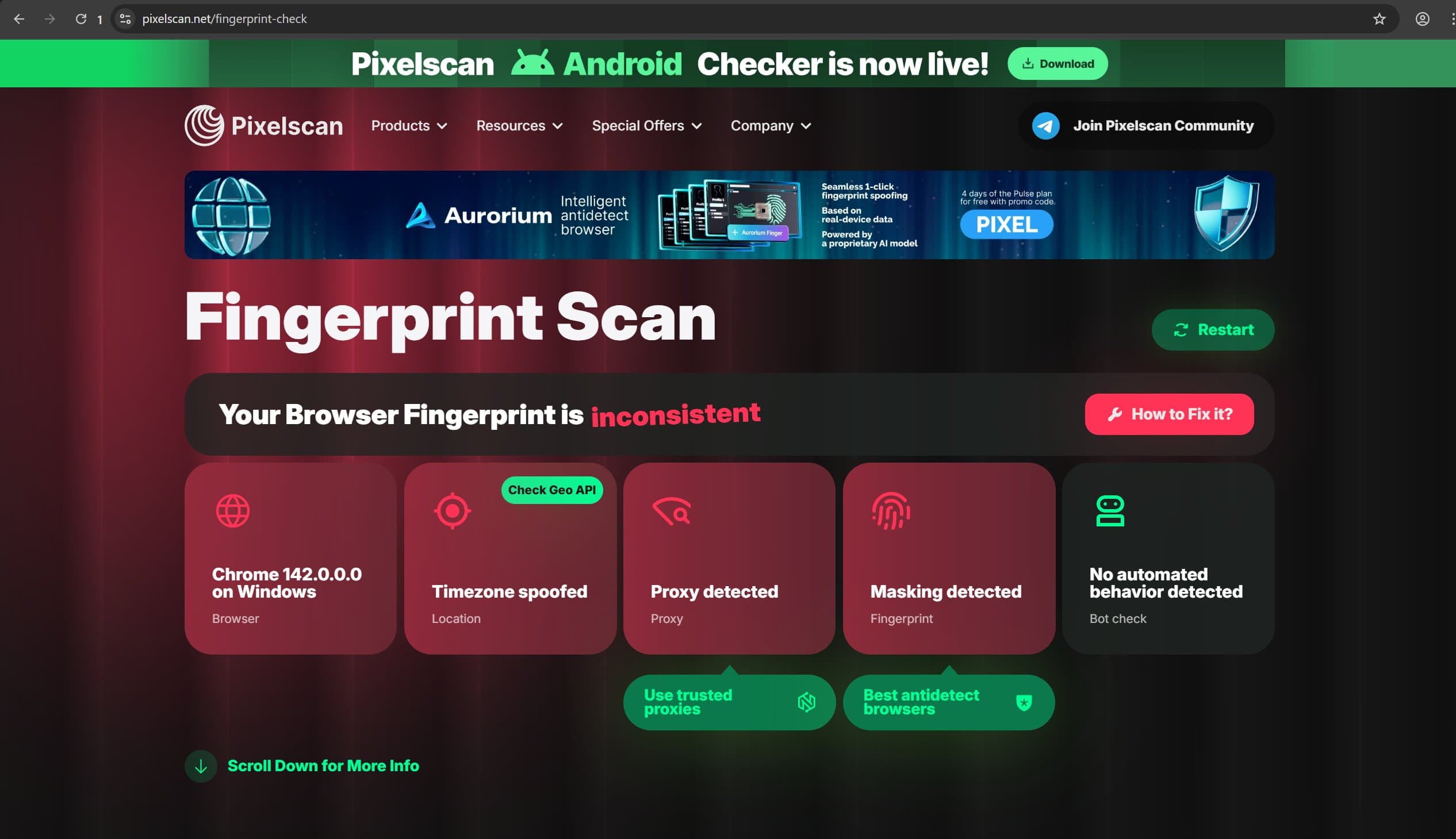 Результат перевірки профілю AgentX на Pixelscan із виявленим маскуванням і підміненою часовою зоною