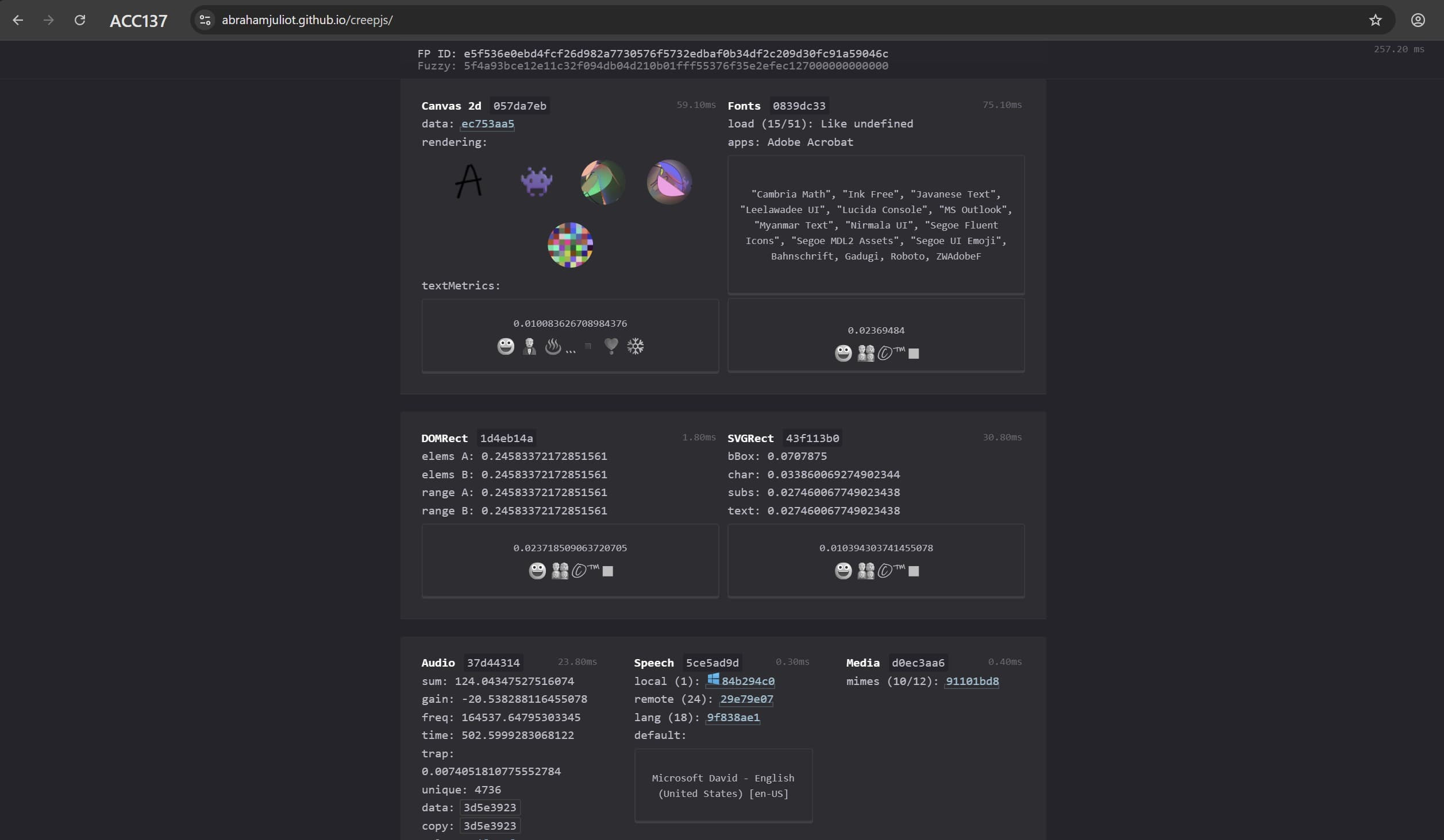 Afina profile check in CreepJS scoring Canvas and WebGL consistency
