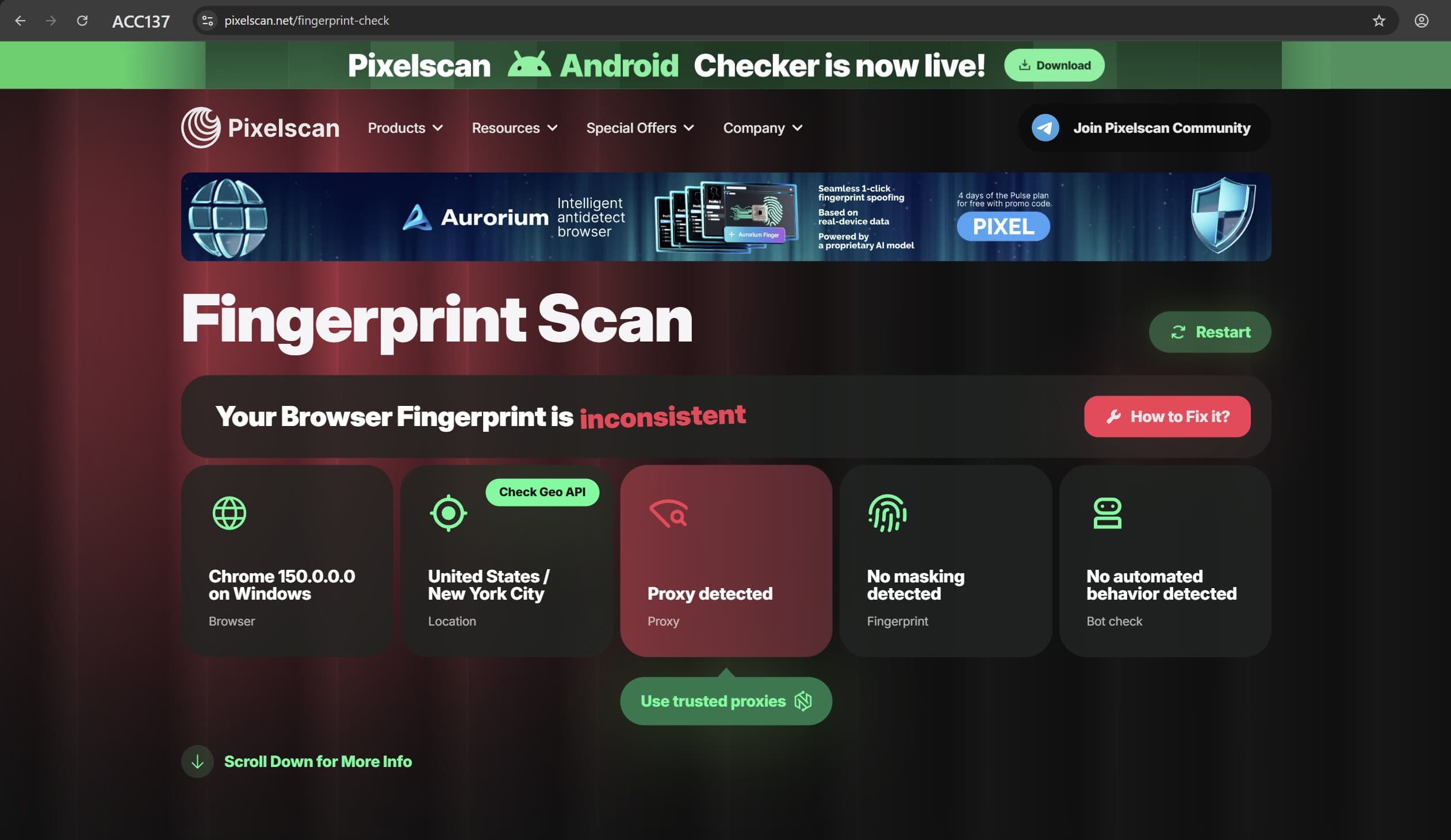 Afina profile check in Pixelscan showing IP, WebRTC, and timezone
