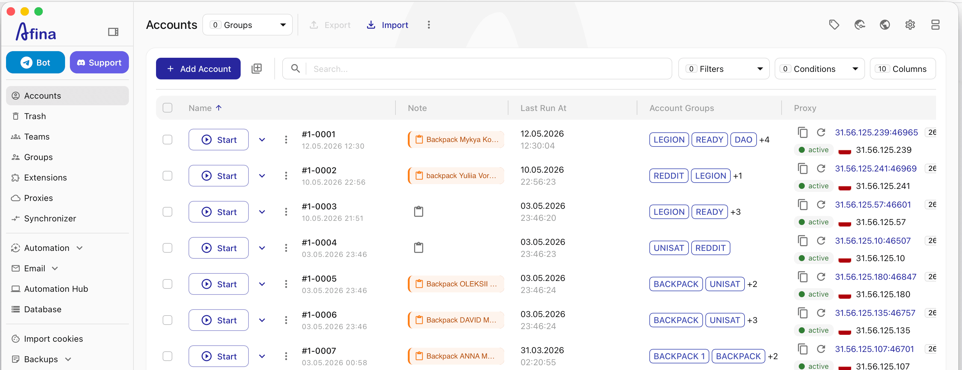 Afina antidetect browser — accounts dashboard