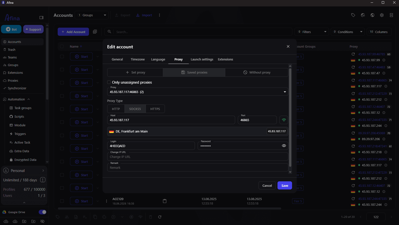 NiuProxy dashboard connection details for configuring an Afina browser profile NiuProxy dashboard connection details for configuring an Afina browser profile