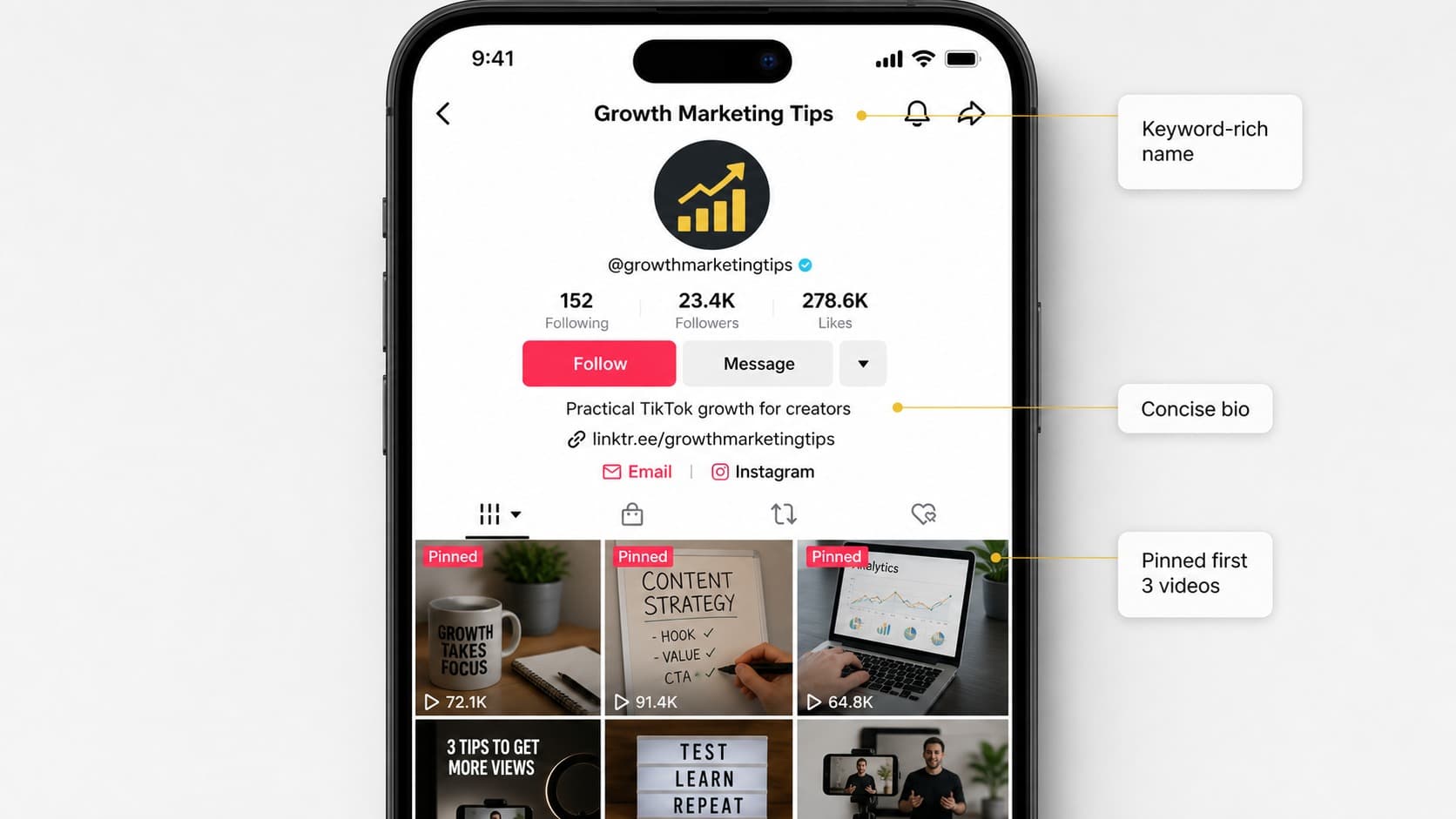 Optimised TikTok profile with a keyword in the name field, a concise bio and pinned videos Optimised TikTok profile with a keyword in the name field, a concise bio and pinned videos