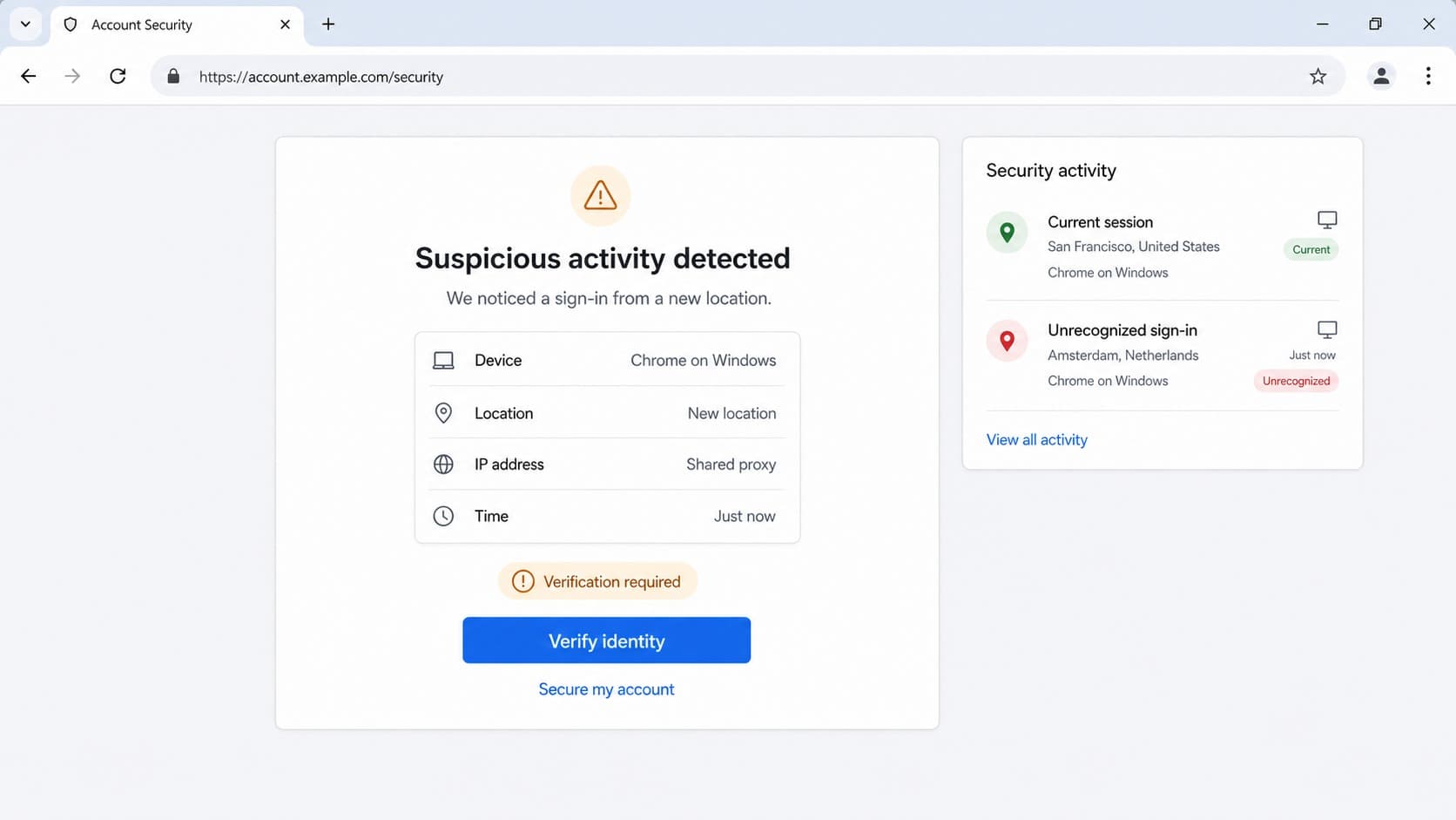 Platform notice about suspicious activity after logging in through a free web proxy Platform notice about suspicious activity after logging in through a free web proxy