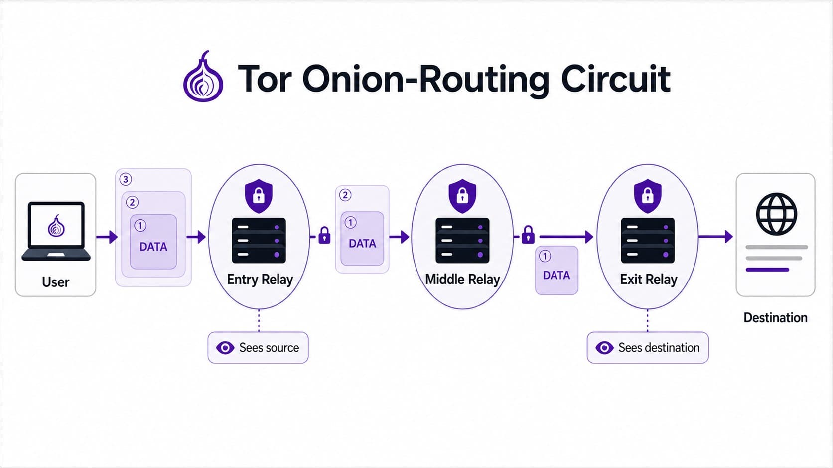 Схема маршрута Tor через входной, промежуточный и выходной узлы Схема маршрута Tor через входной, промежуточный и выходной узлы