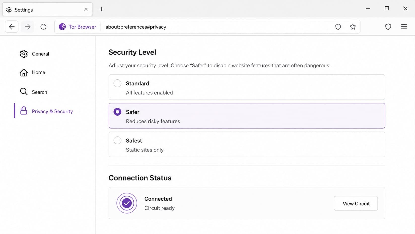 Настройки уровня безопасности и диагностика соединения в Tor Browser Настройки уровня безопасности и диагностика соединения в Tor Browser