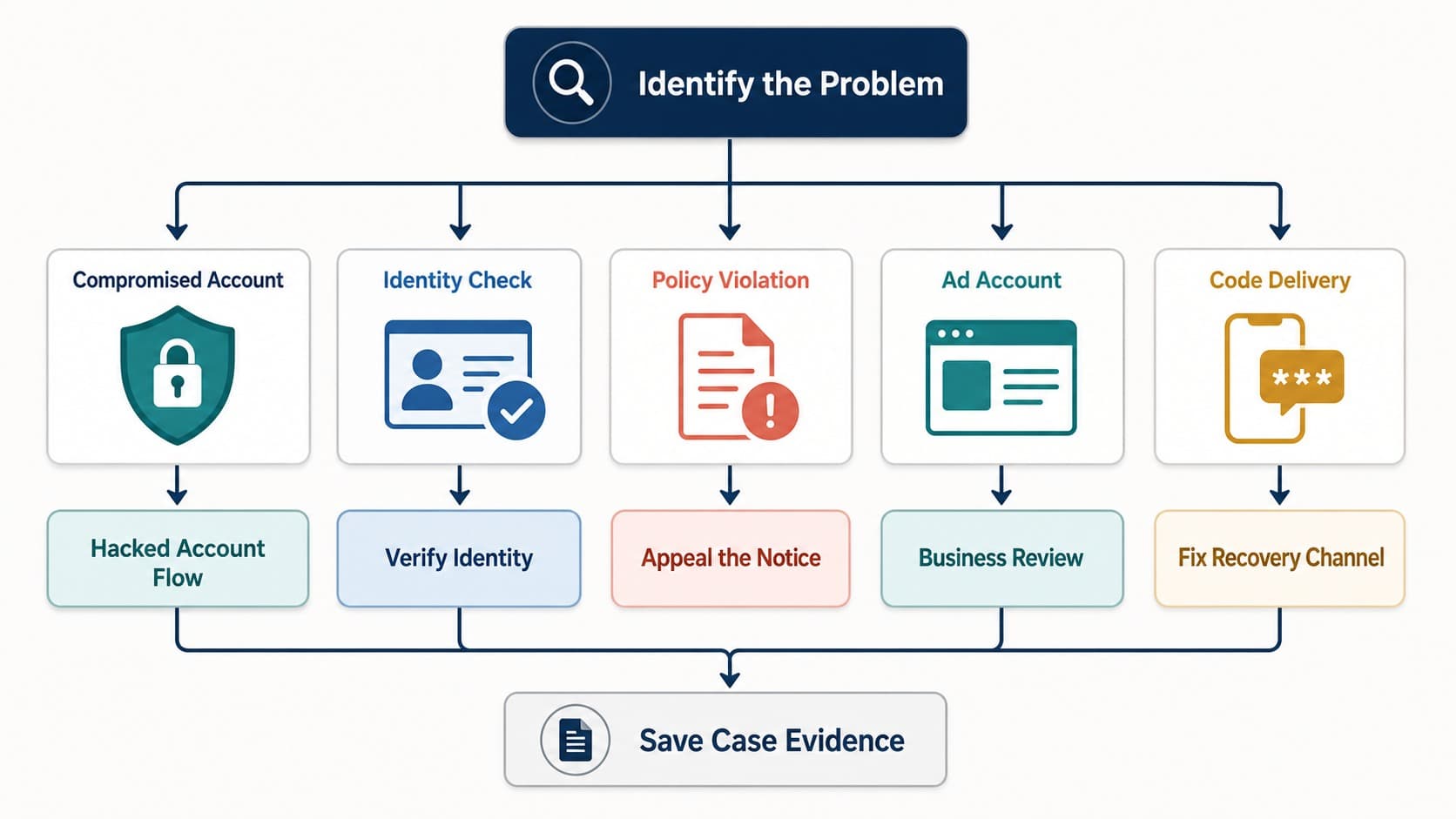Official account recovery path by problem type Official account recovery path by problem type