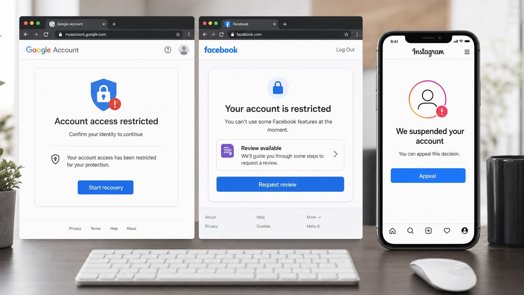 Google, Facebook, and Instagram account restriction notices with recovery actions Google, Facebook, and Instagram account restriction notices with recovery actions