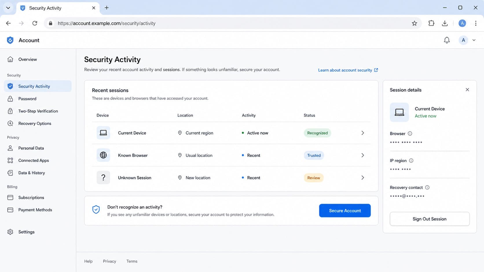 Account security activity log with devices locations and unknown sessions Account security activity log with devices locations and unknown sessions