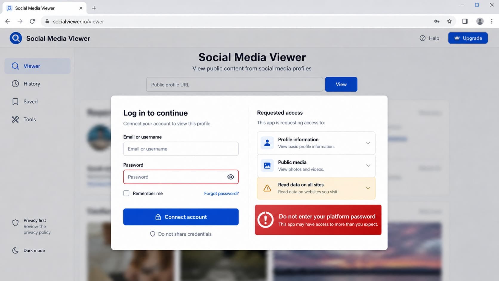 Third-party social media viewer requesting a platform password Third-party social media viewer requesting a platform password