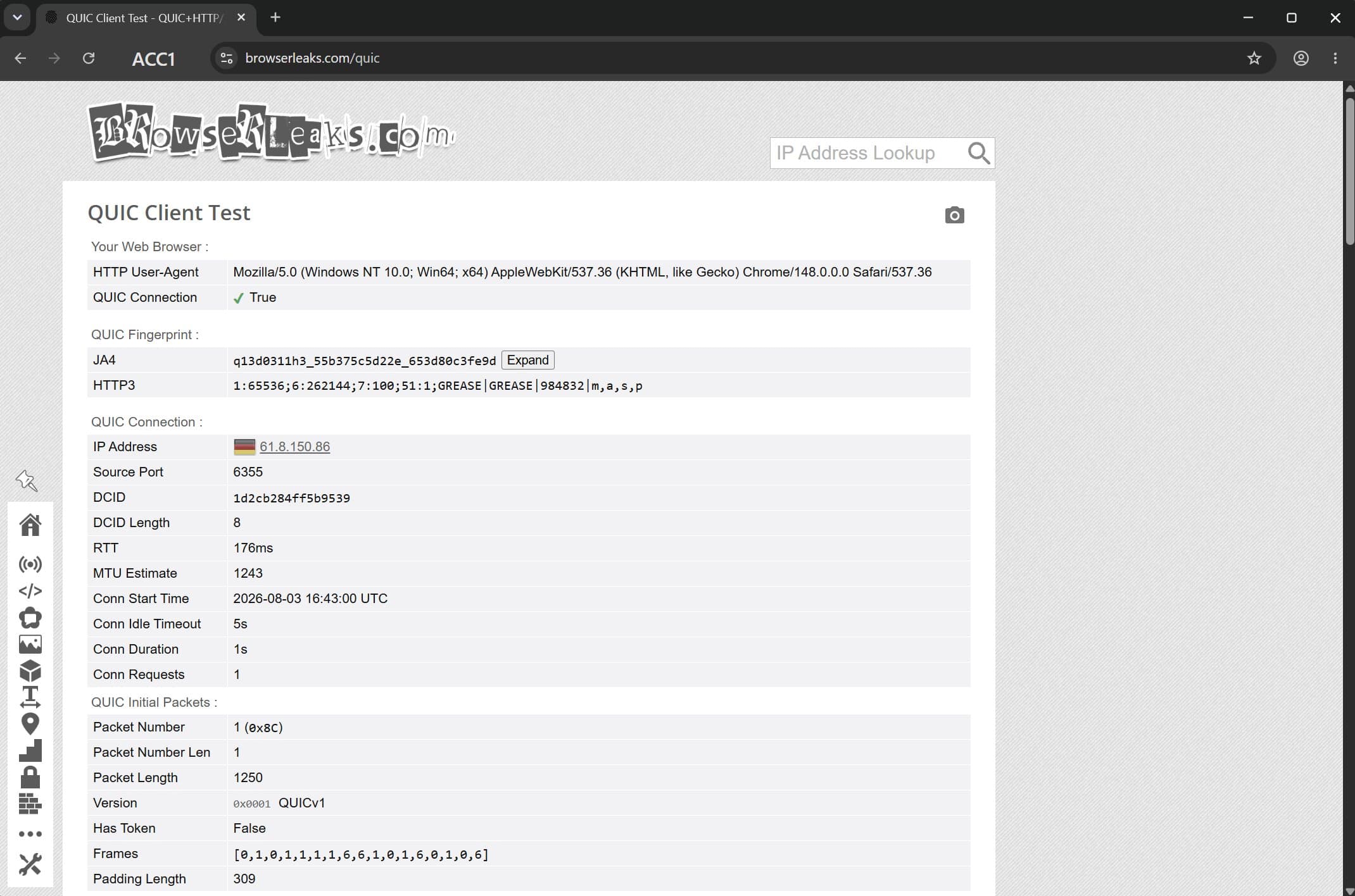 browserleaks.com/quic report in an Afina Browser profile: the connection IP matches the proxy, with the JA4 fingerprint and cipher suite displayed browserleaks.com/quic report in an Afina Browser profile: the connection IP matches the proxy, with the JA4 fingerprint and cipher suite displayed