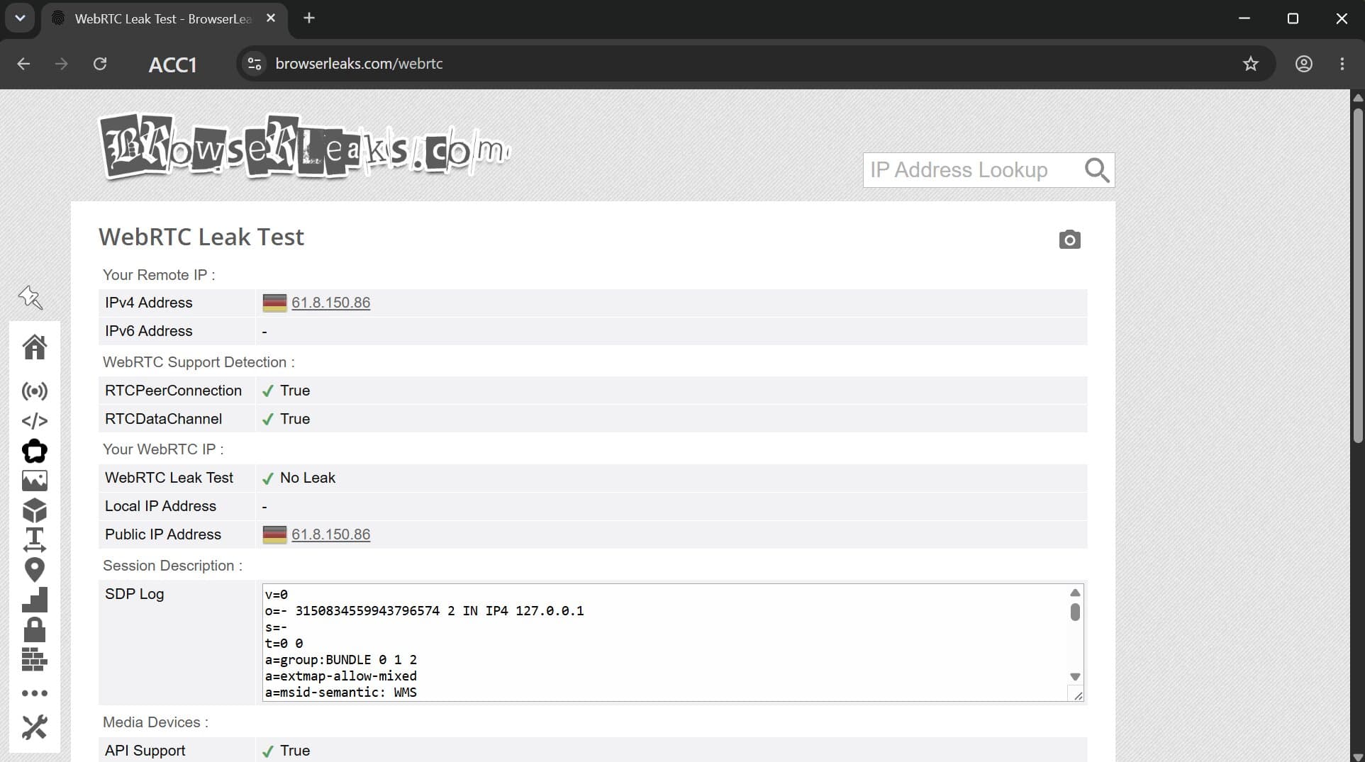 browserleaks.com/webrtc result in an Afina Browser profile: WebRTC Leak Test reports No Leak, and the public IP matches the proxy browserleaks.com/webrtc result in an Afina Browser profile: WebRTC Leak Test reports No Leak, and the public IP matches the proxy