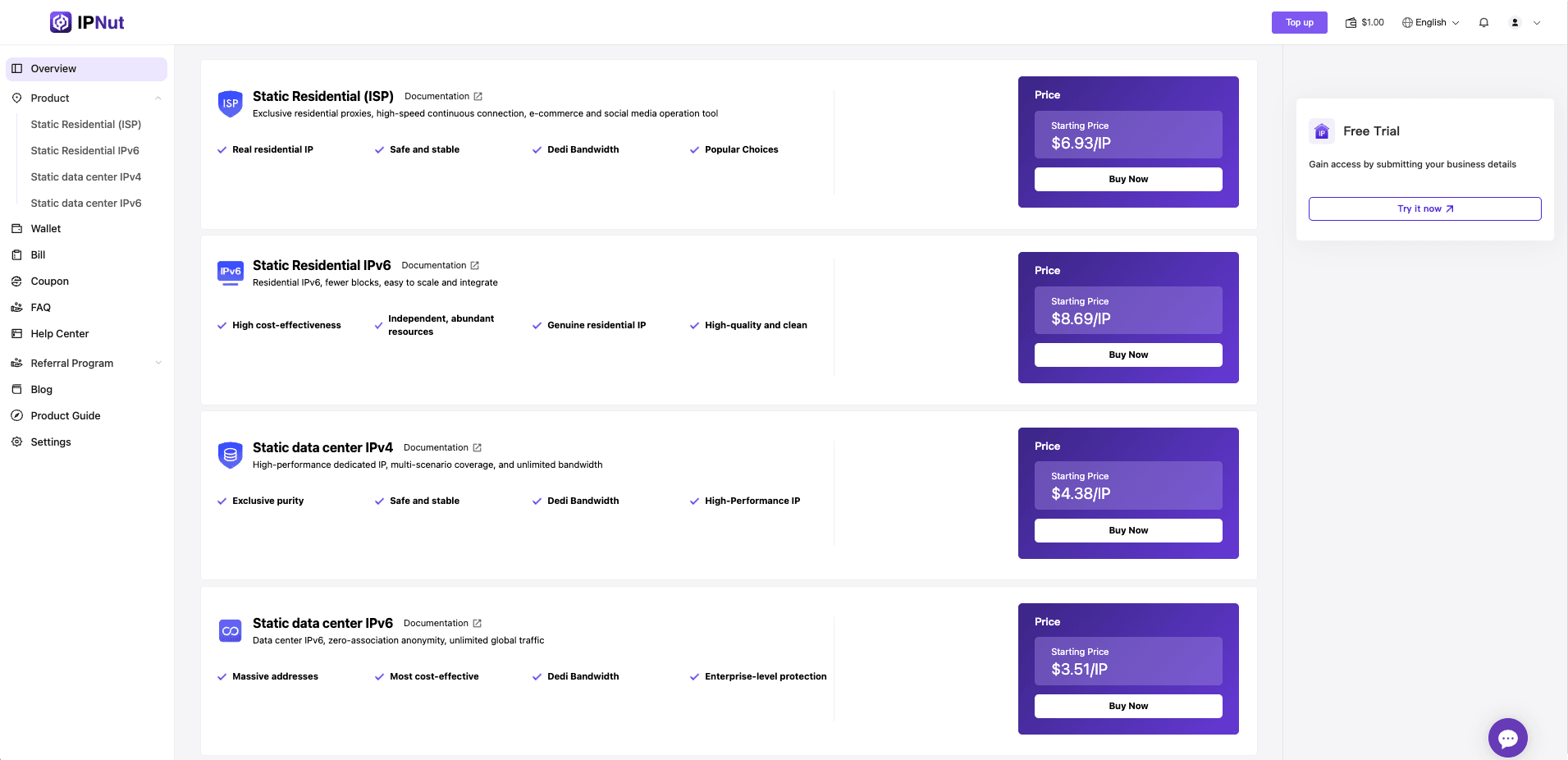 Статические прокси и тарифы в панели IPNut Статические прокси и тарифы в панели IPNut