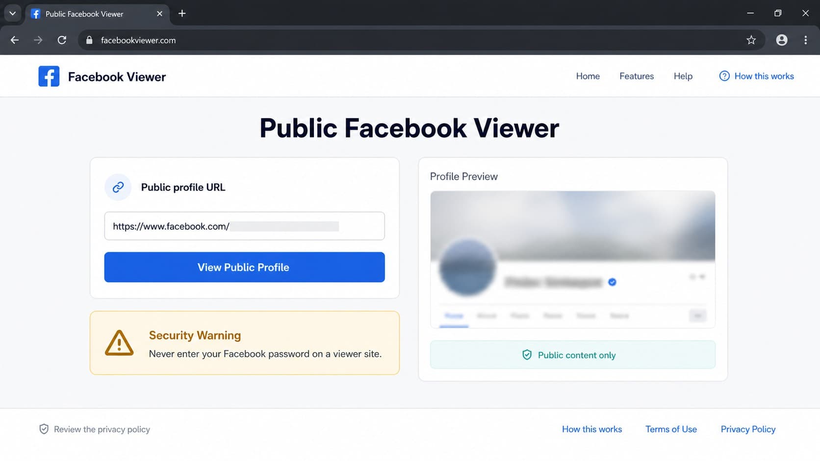 Інтерфейс сервісу анонімного перегляду Facebook Інтерфейс сервісу анонімного перегляду Facebook