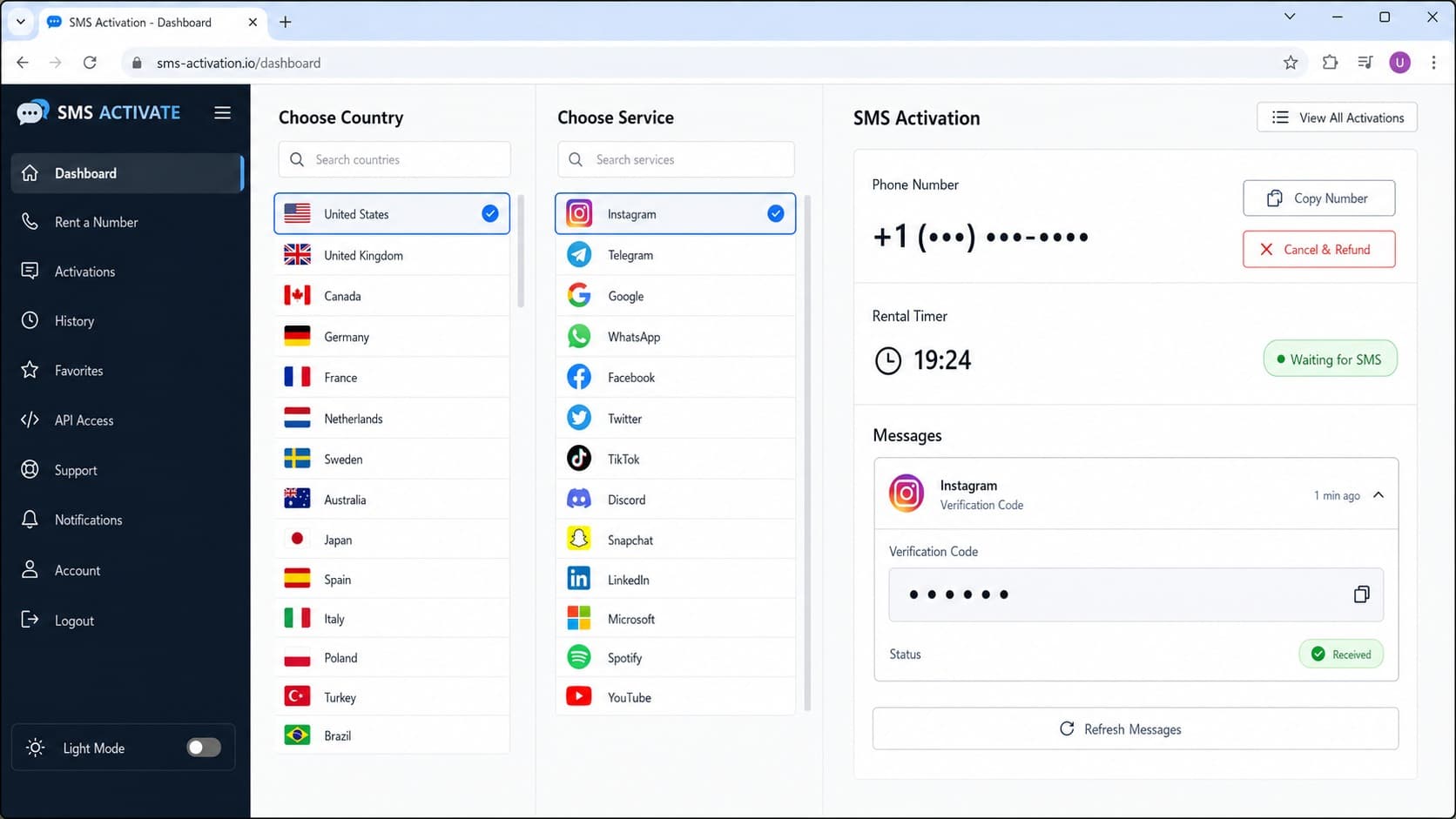 Virtual phone number activation dashboard with an SMS verification code Virtual phone number activation dashboard with an SMS verification code