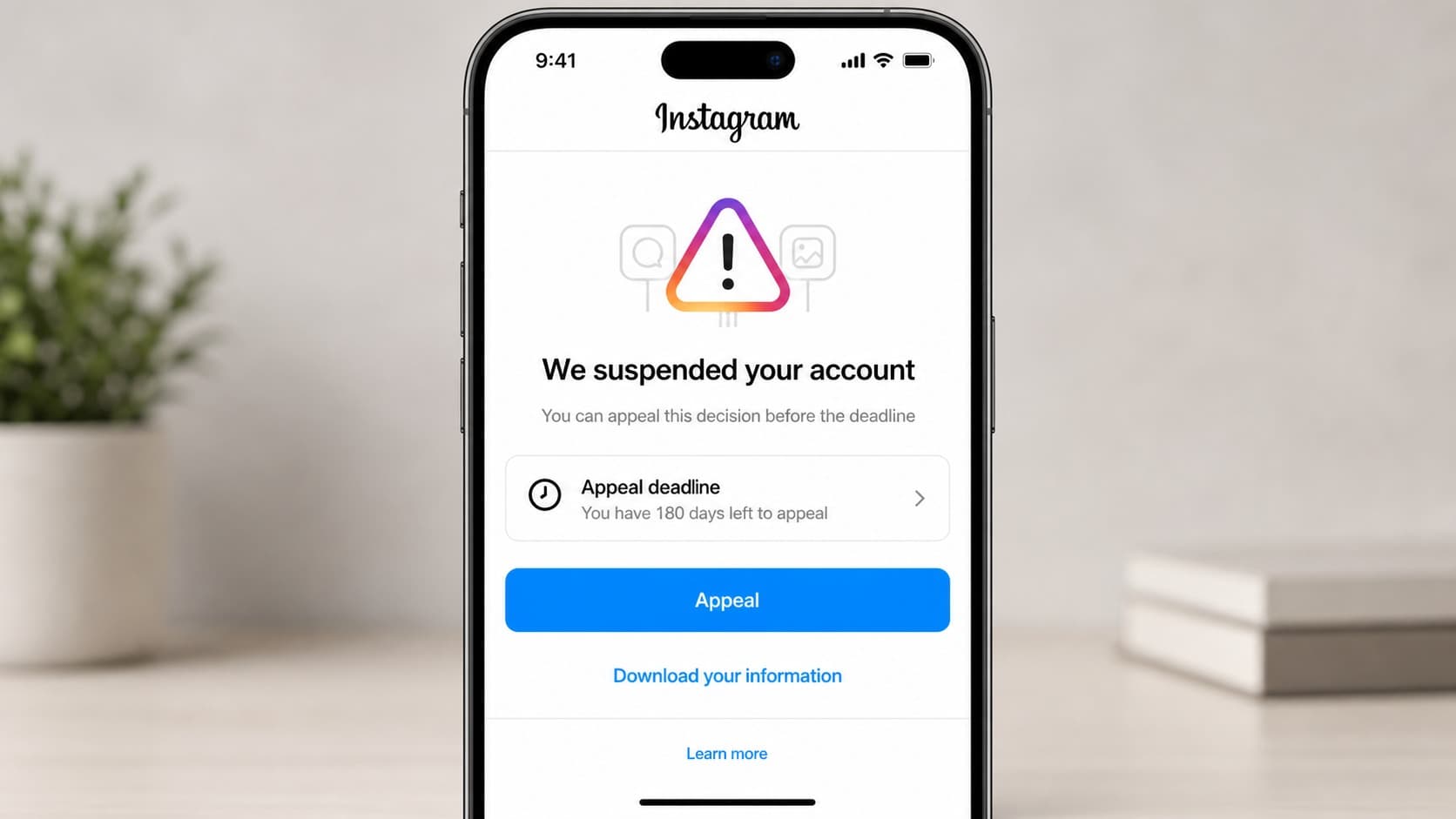 Instagram account suspension notice with an appeal deadline Instagram account suspension notice with an appeal deadline