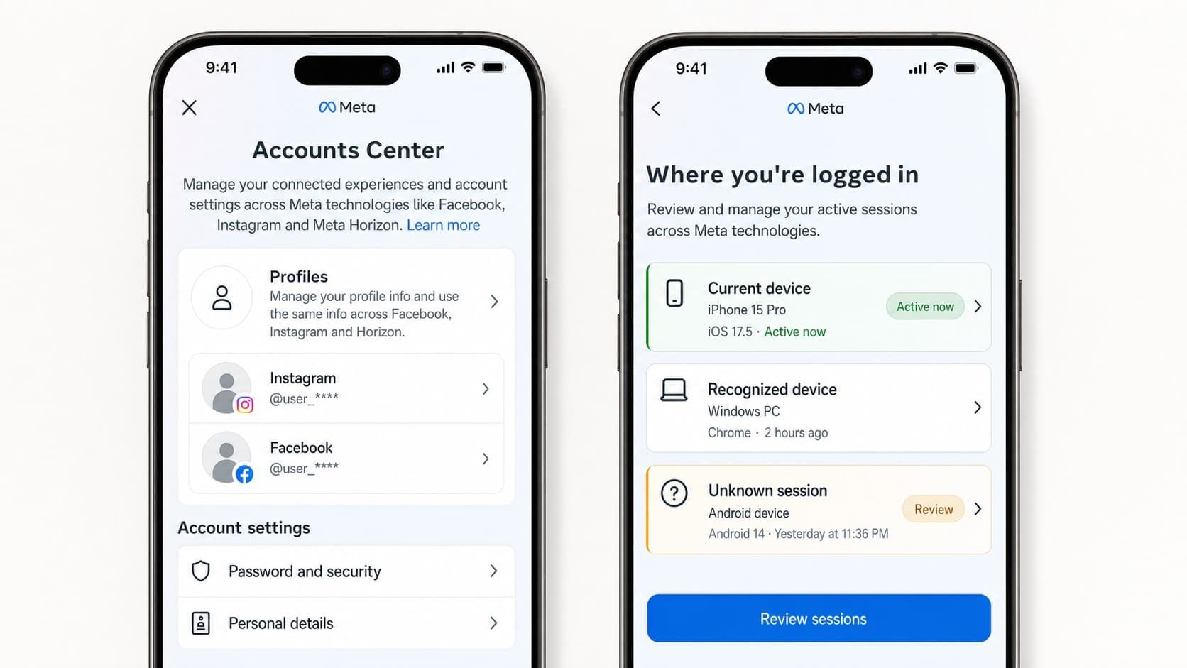Instagram Accounts Center with connected profiles and active sessions Instagram Accounts Center with connected profiles and active sessions