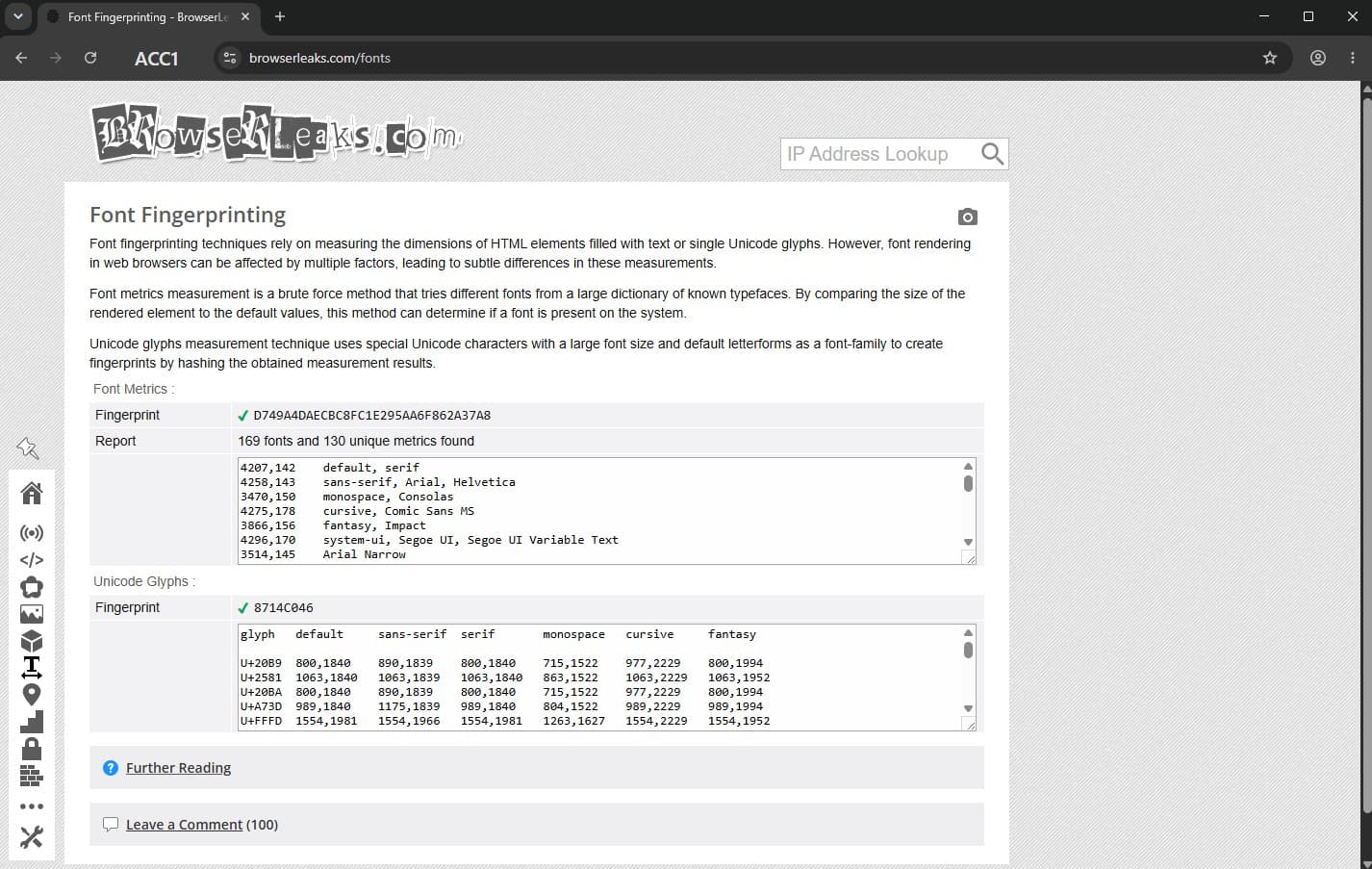 Сторінка результатів тесту font fingerprinting зі списком знайдених шрифтів та показником унікальності Сторінка результатів тесту font fingerprinting зі списком знайдених шрифтів та показником унікальності