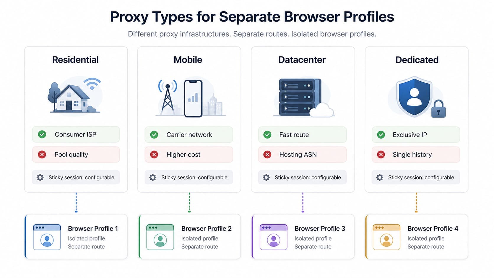 Proxy types for separate profiles: residential, mobile, datacenter, and dedicated Proxy types for separate profiles: residential, mobile, datacenter, and dedicated