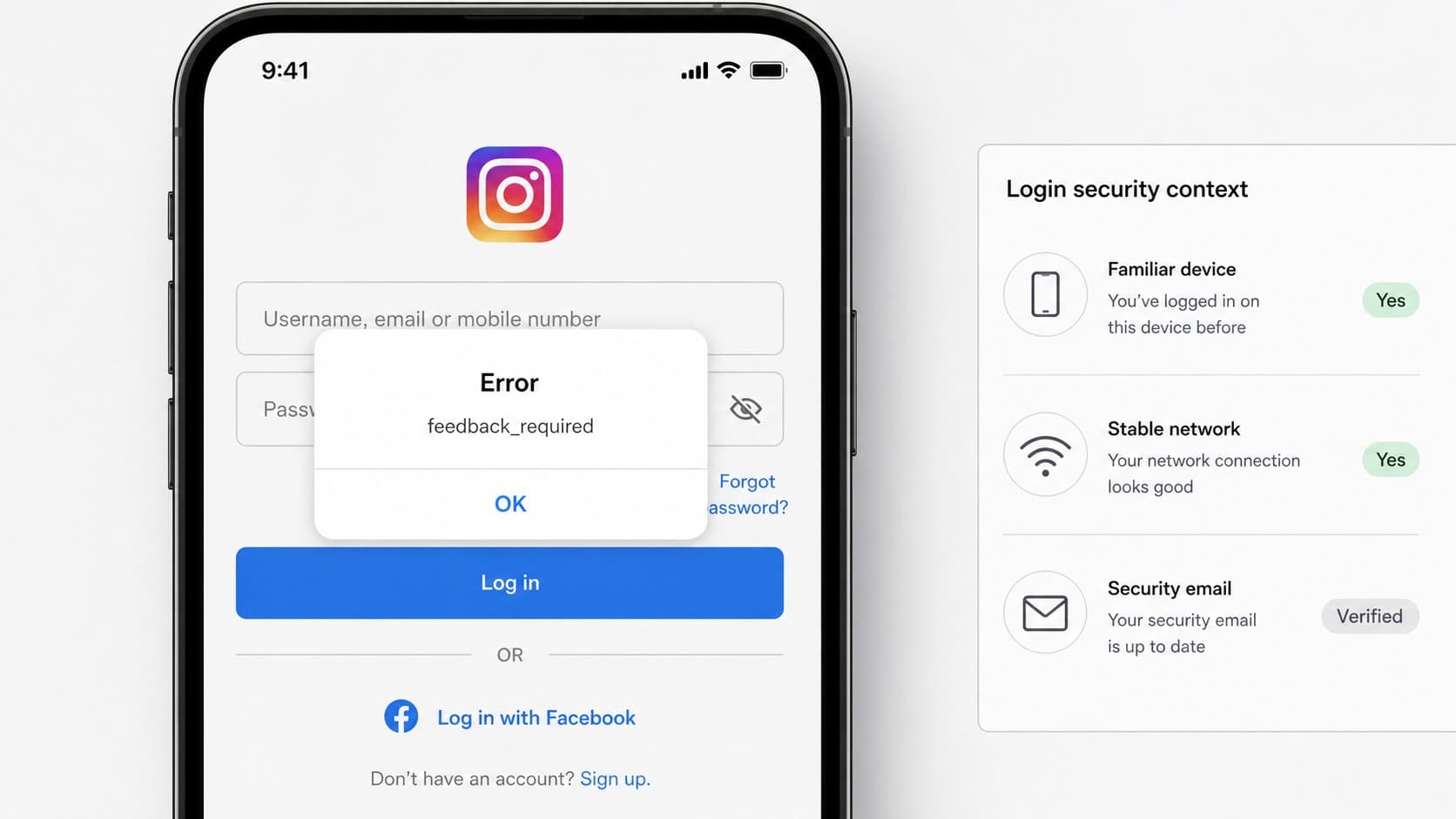 Сообщение об ошибке feedback required при входе в Instagram Сообщение об ошибке feedback required при входе в Instagram