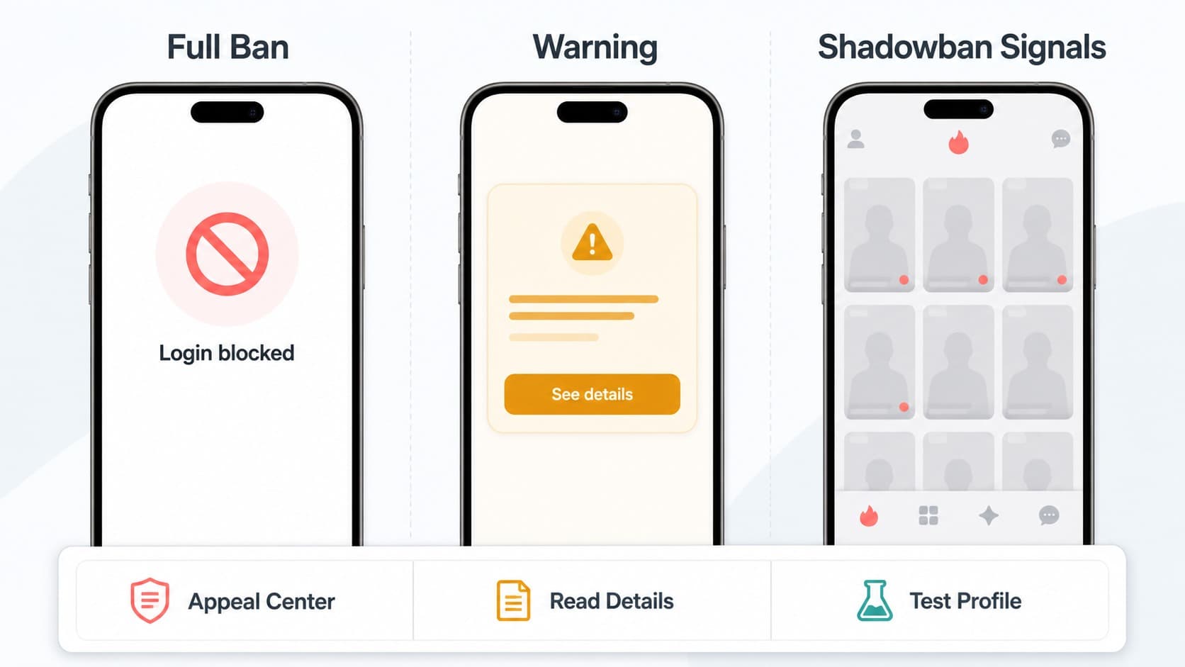 Comparison of a Tinder account ban, warning, and possible shadowban Comparison of a Tinder account ban, warning, and possible shadowban