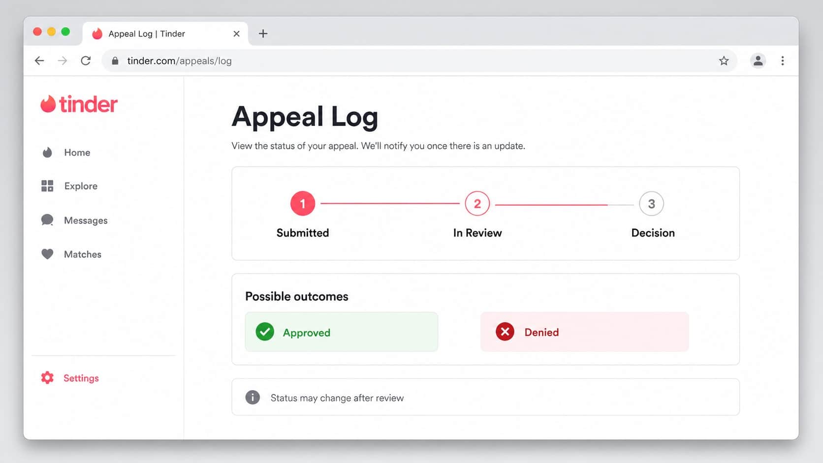 Відстеження статусів pending і denied після подання апеляції Tinder Відстеження статусів pending і denied після подання апеляції Tinder