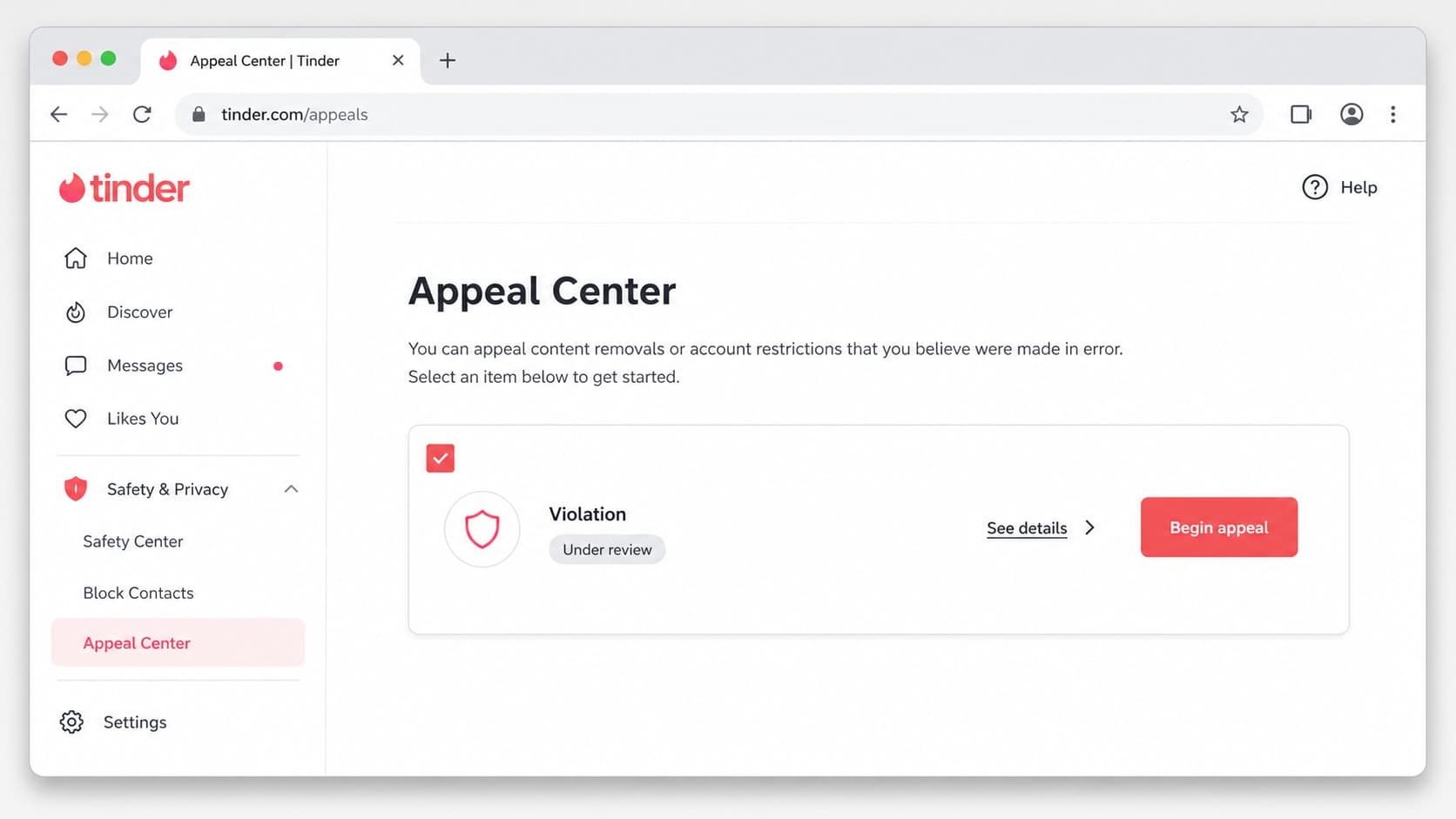 Submitting an account ban appeal through the Tinder Appeal Center Submitting an account ban appeal through the Tinder Appeal Center